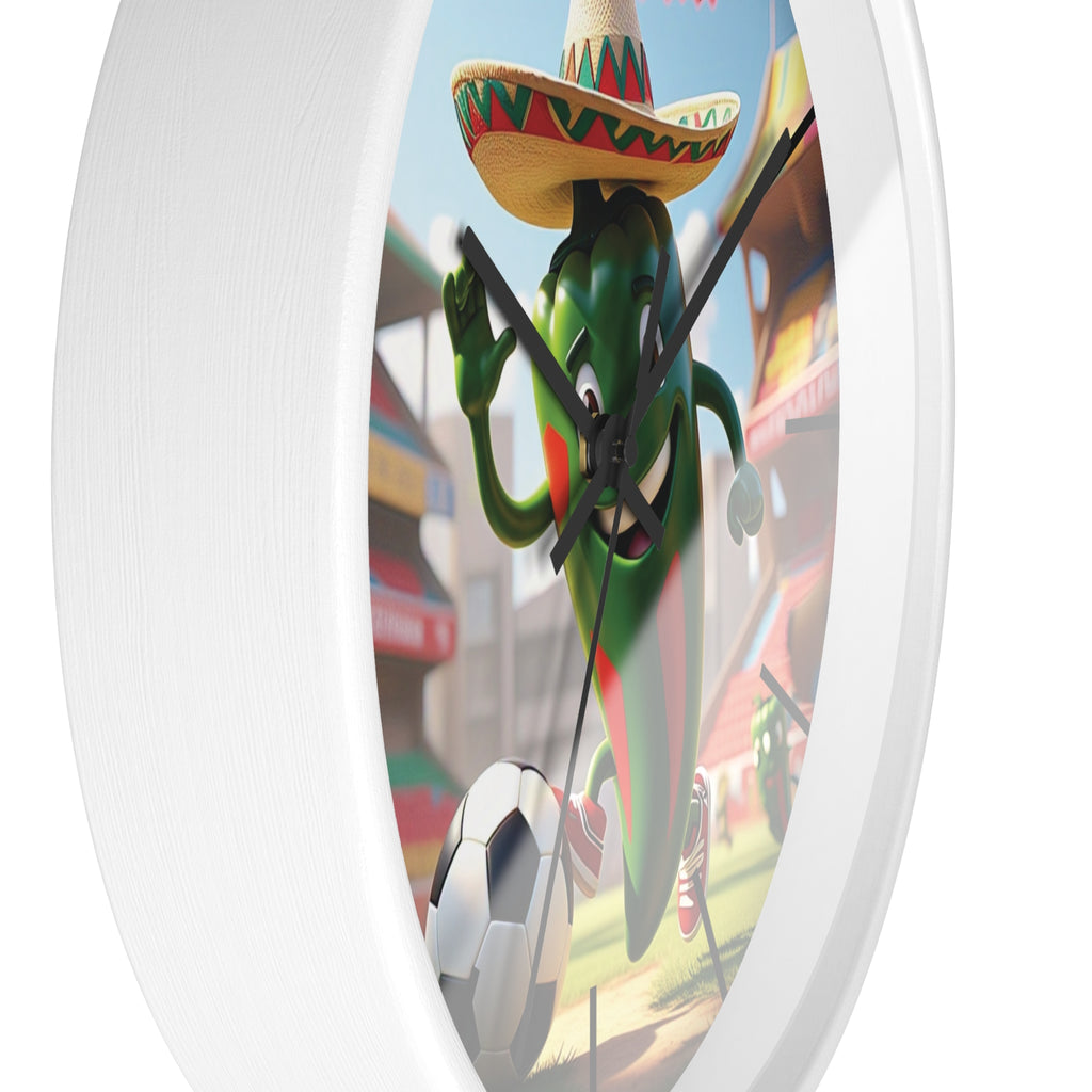 Fun football-themed wall clock with a hot chili character
