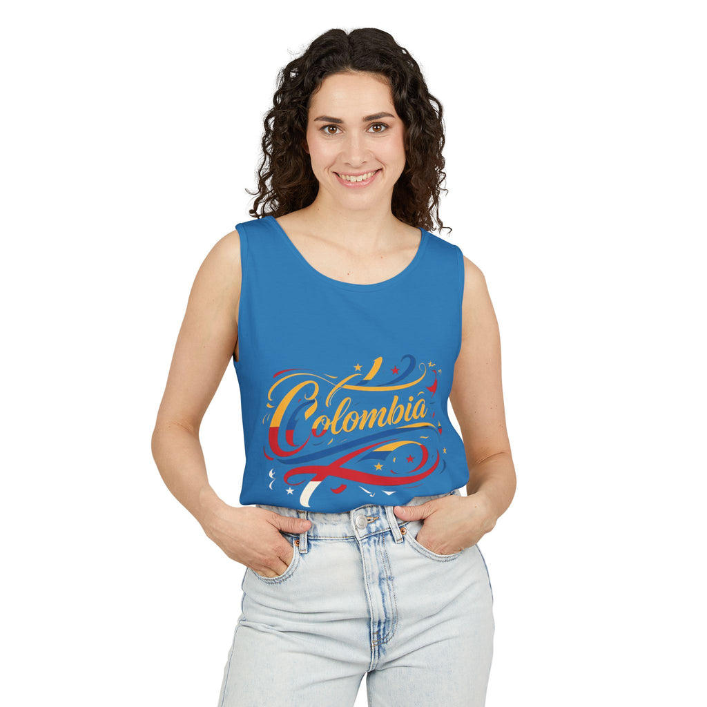 Camiseta sin mangas unisex teñida de Colombia: Celebra la cultura colombiana