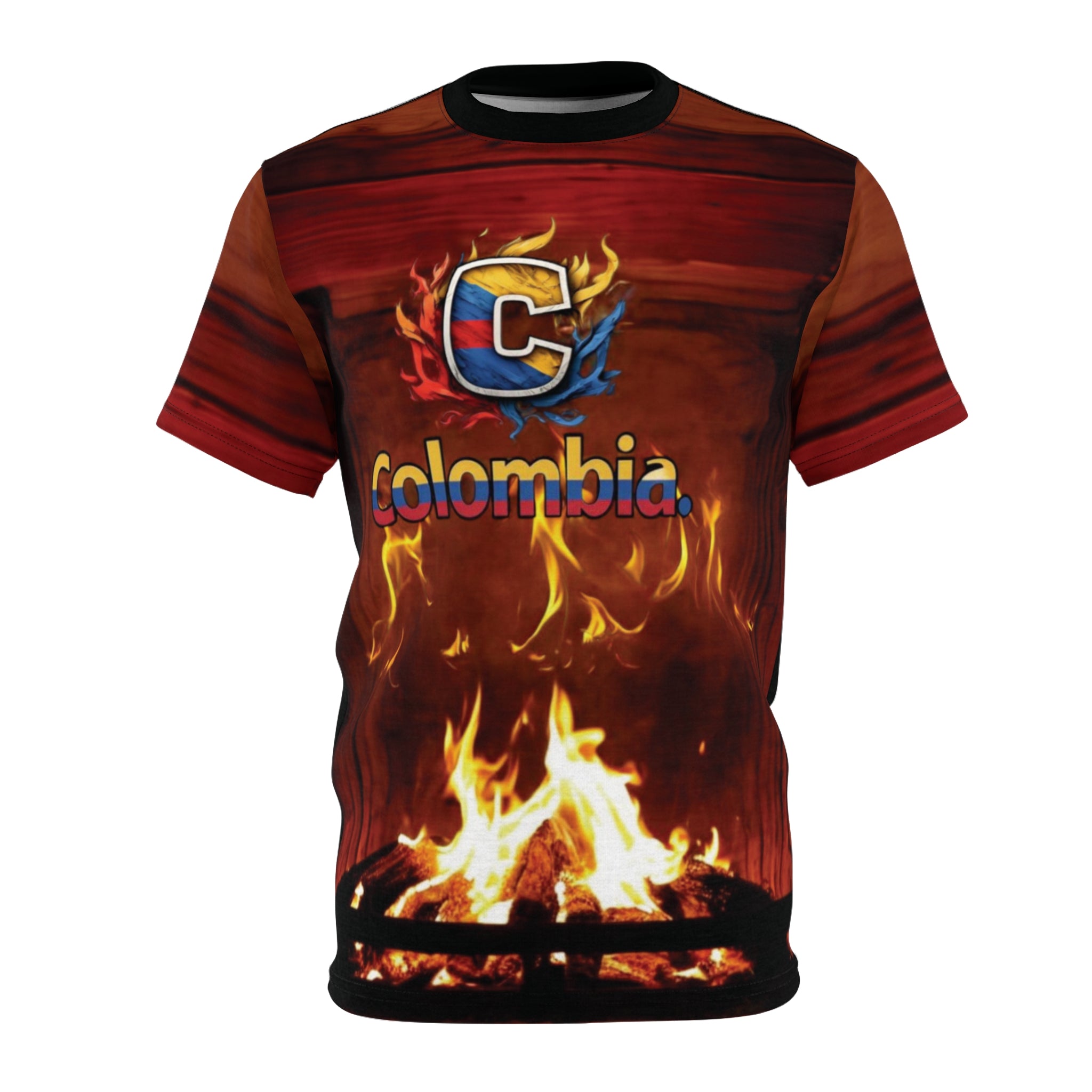 Camiseta unisex con corte y costura inspirados en el fuego de Colombia: camiseta gráfica colorida para un estilo informal y elegante.