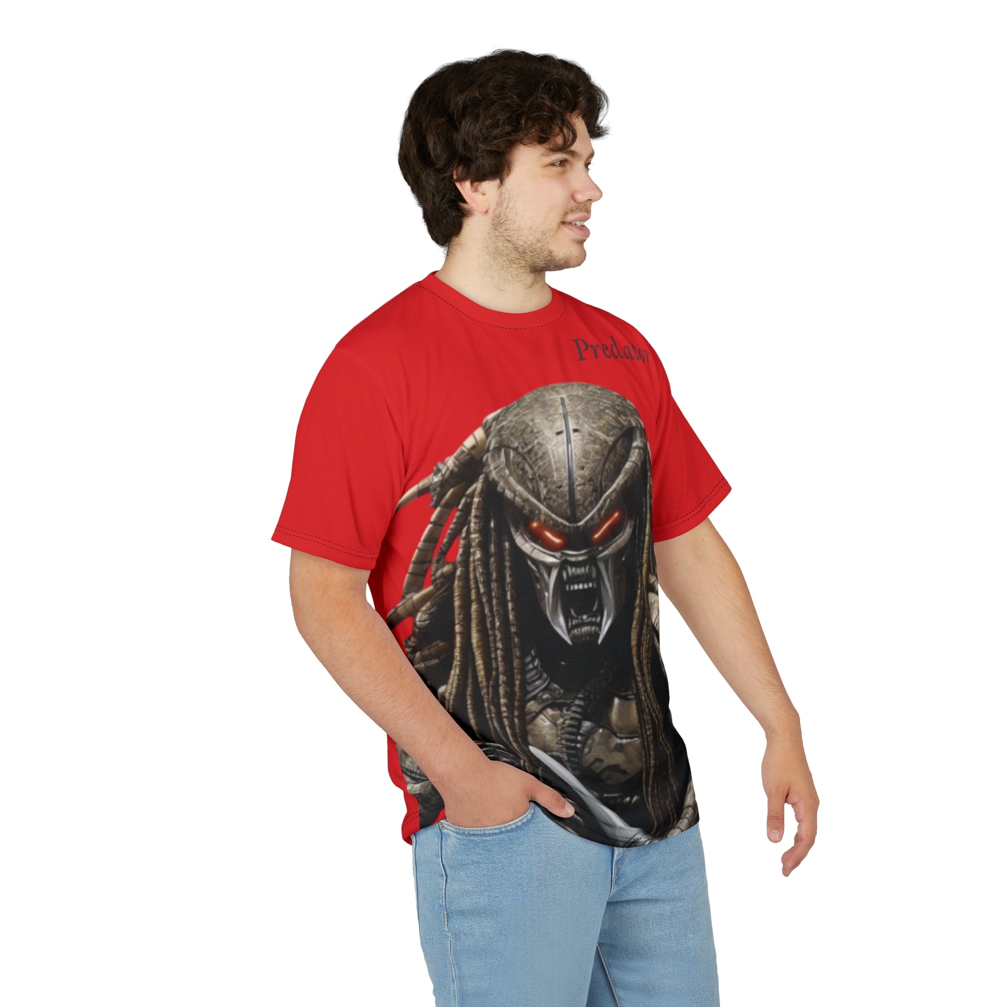 Predator artificial intelligence image t-shirt, Red color for men cut and sew: stylish casual t-shirt, 