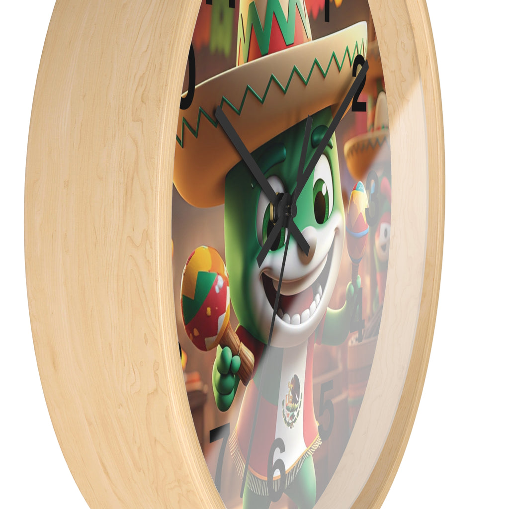 Reloj de pared festivo de temática mexicana con diseño de personajes coloridos