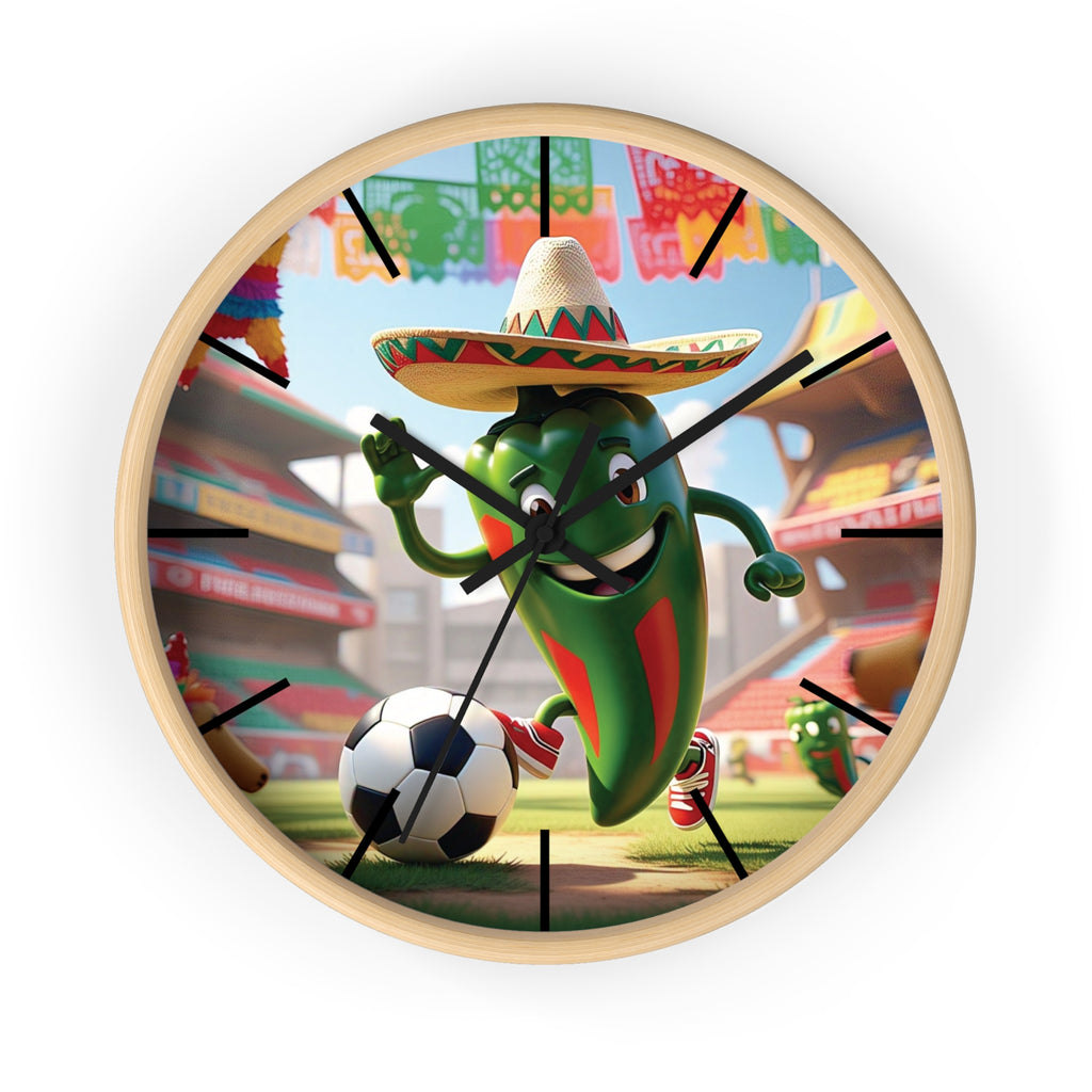 Fun football-themed wall clock with a hot chili character