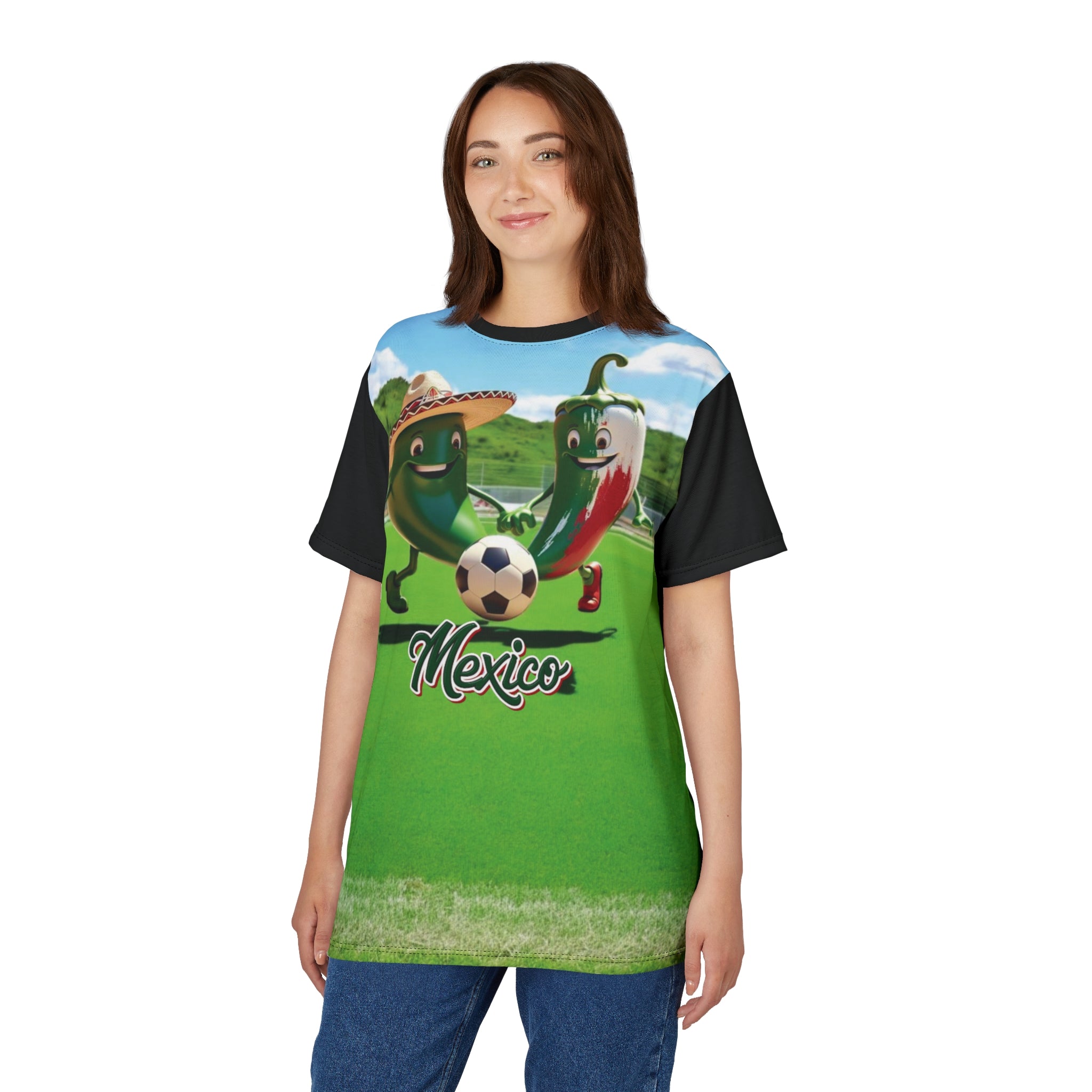 Camiseta unisex de fútbol mexicano divertida con chiles futbolistas
