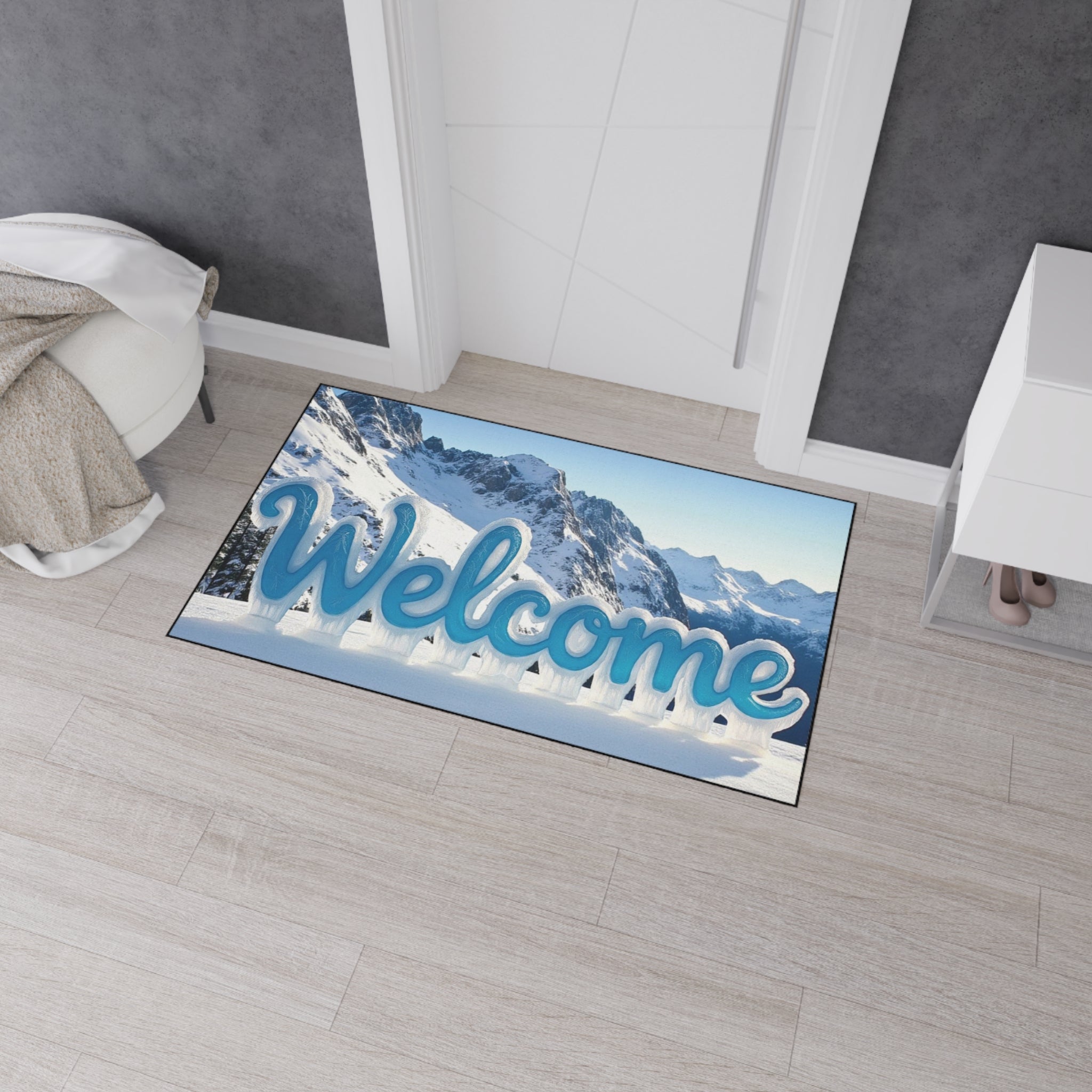 "Winter Welcome" Rug — Mountain Design and Cozy Text