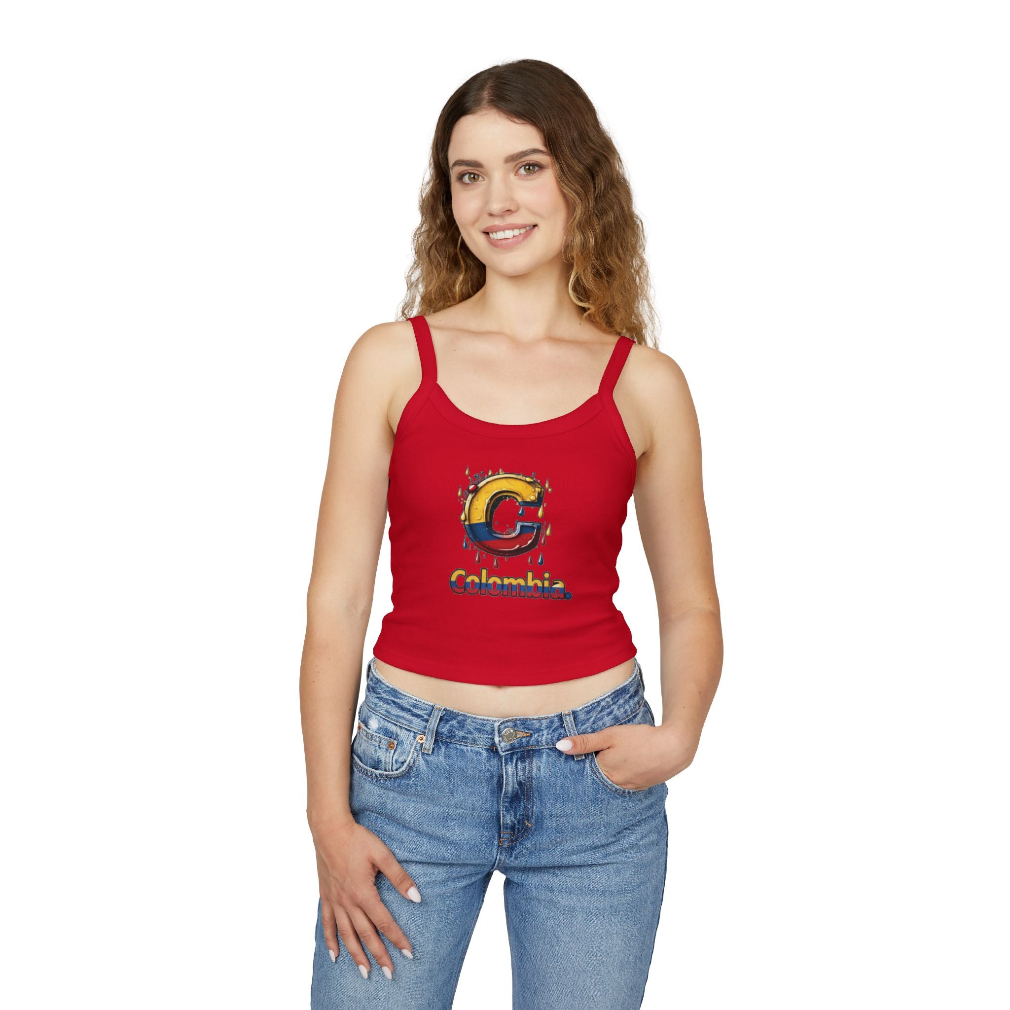 Camiseta sin mangas para mujer de inspiración colombiana: tirantes finos y diseño colorido
