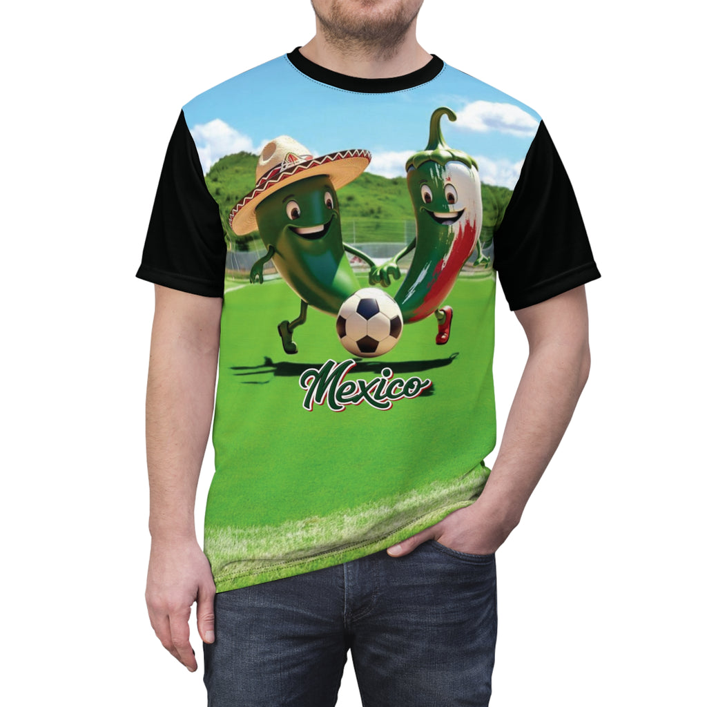 Camiseta unisex de fútbol mexicano divertida con chiles futbolistas