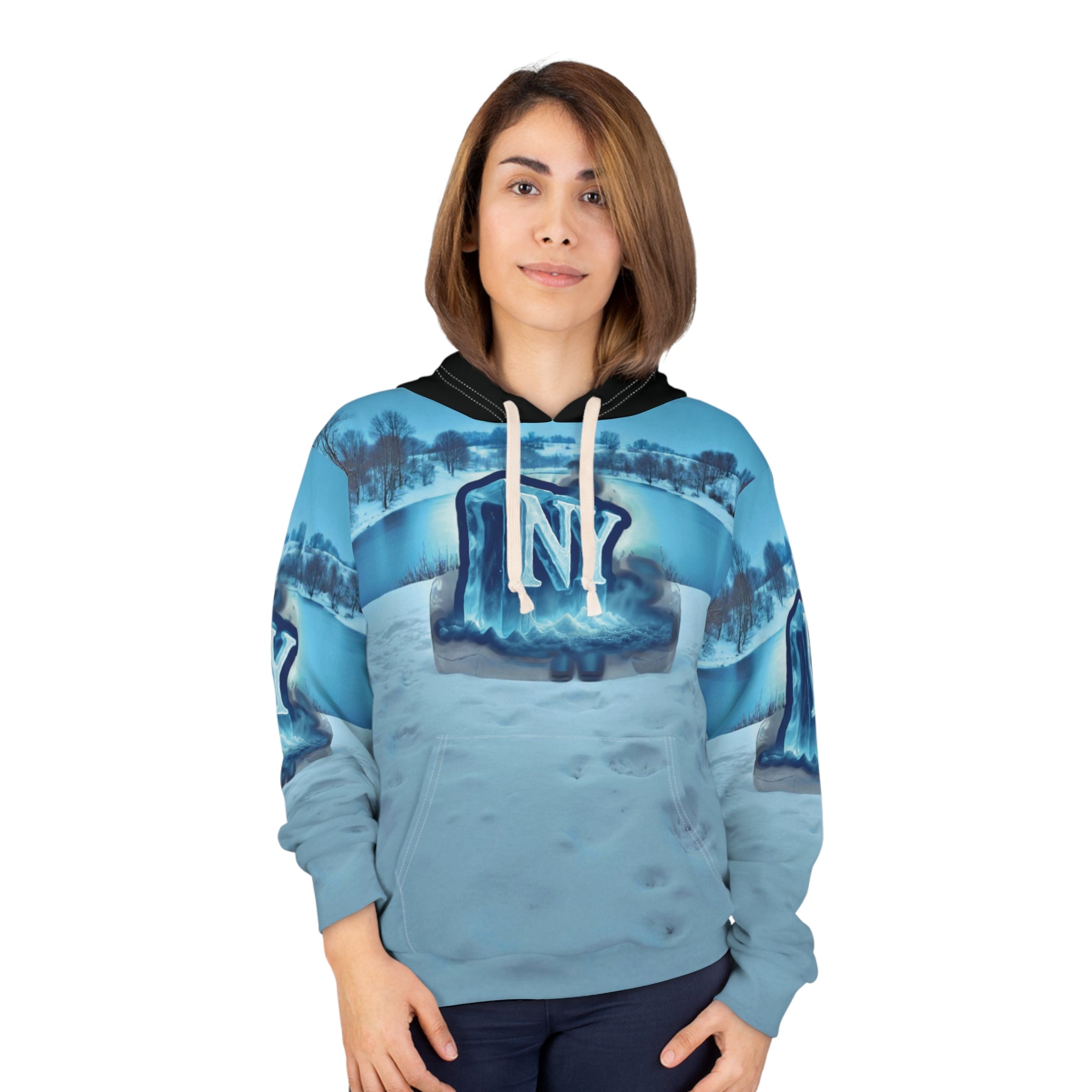 ,'NY Frozen Landscape' Hoodie – Urban Winter Style. Gift for Him/Her, Winter Fashion, Holiday Apparel, AOP Design