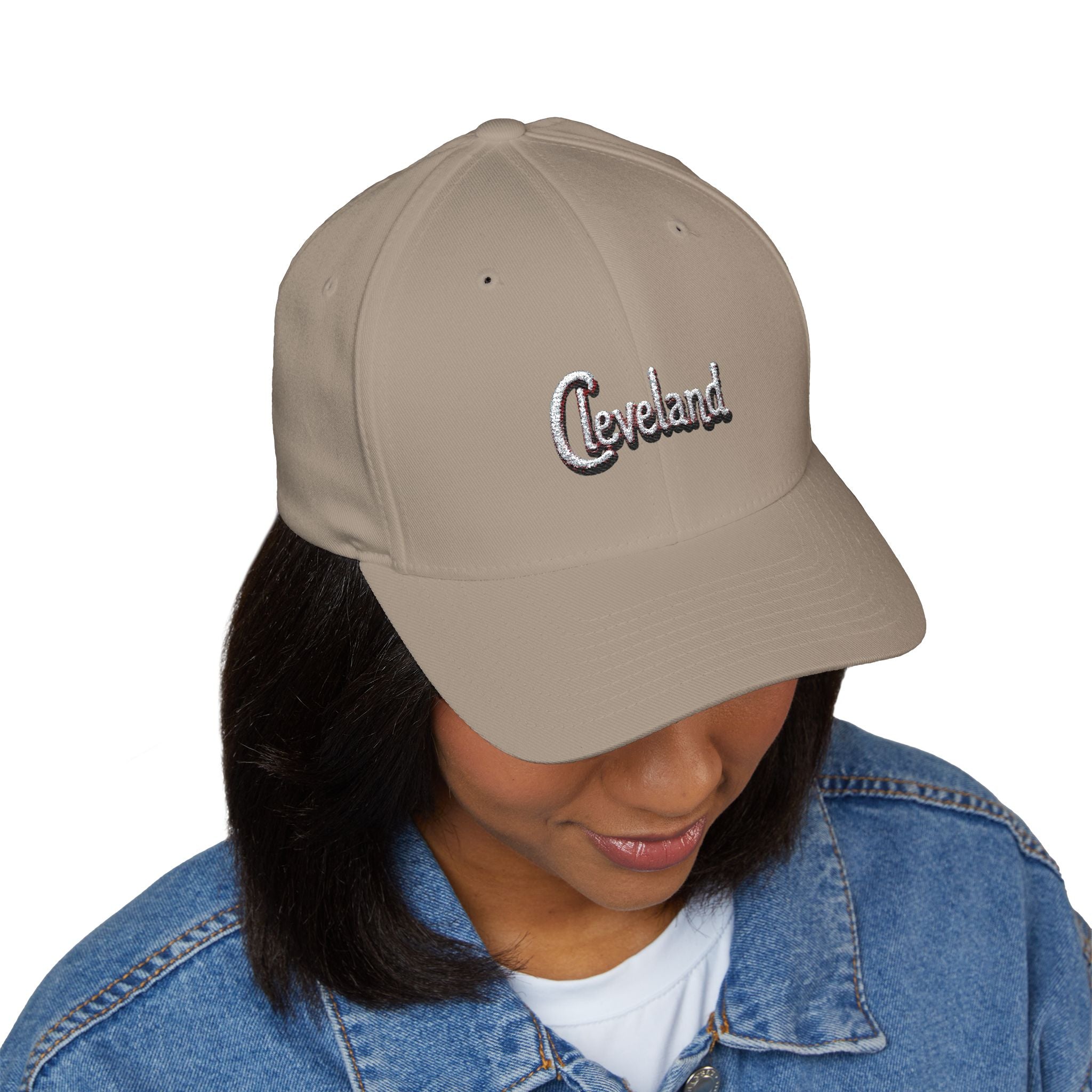 Cleveland Script Embroidered Cap — Classic White Closed-Back Baseball Hat