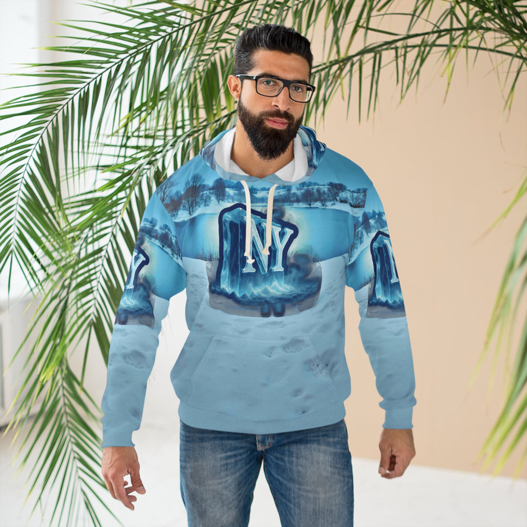 Cozy New York Winter Pullover Hoodie, Unisex Stylish Hoodie, AOP Design, Winter Fashion, Gift for Him and Her, Holiday Wear