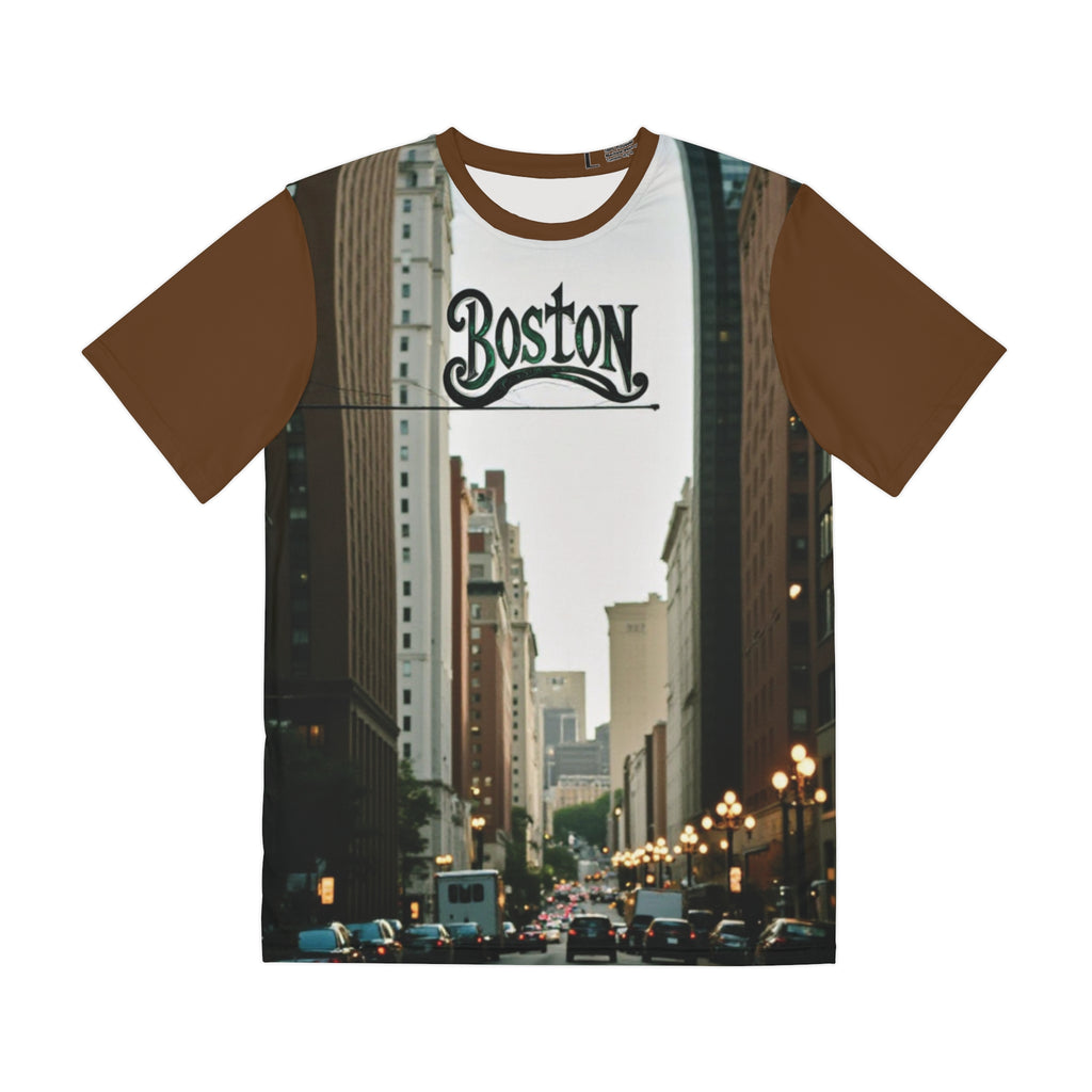 Boston Cityscape Photo Tee — Vintage Script Skyline Men’s Polyester T‑Shirt