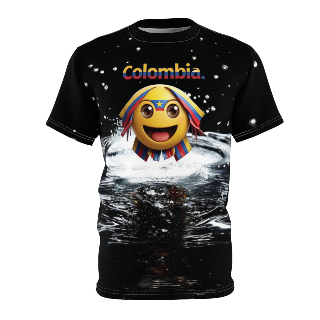 Camiseta unisex con emoji de Colombia y salpicaduras de agua: diseño divertido y vibrante para celebrar.