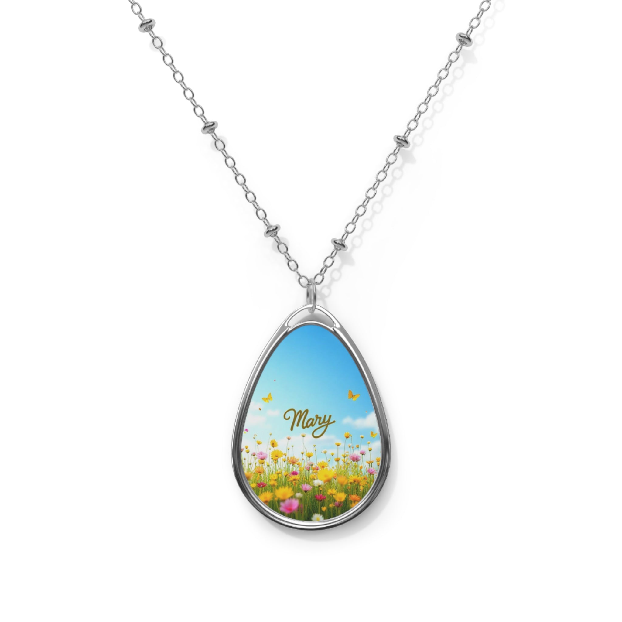 Personalized oval necklace, with the name 'Mary' with Floral Design, Custom Name Jewelry, Gift for Her, Birthday, Anniversary, Everyday Wear, Unique Keepsake 