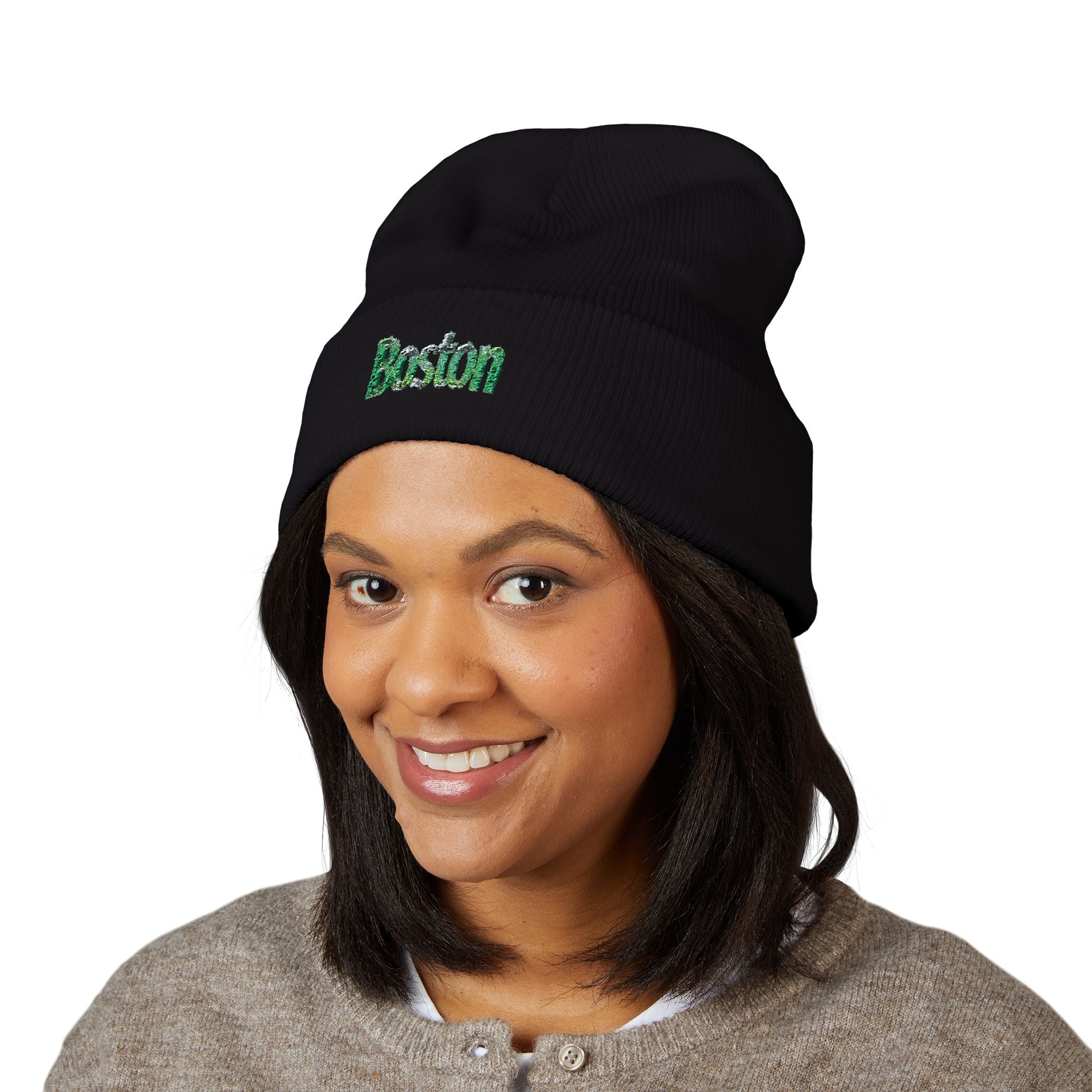 Embroidered Boston Beanie - Classic Cuffed Winter Hat