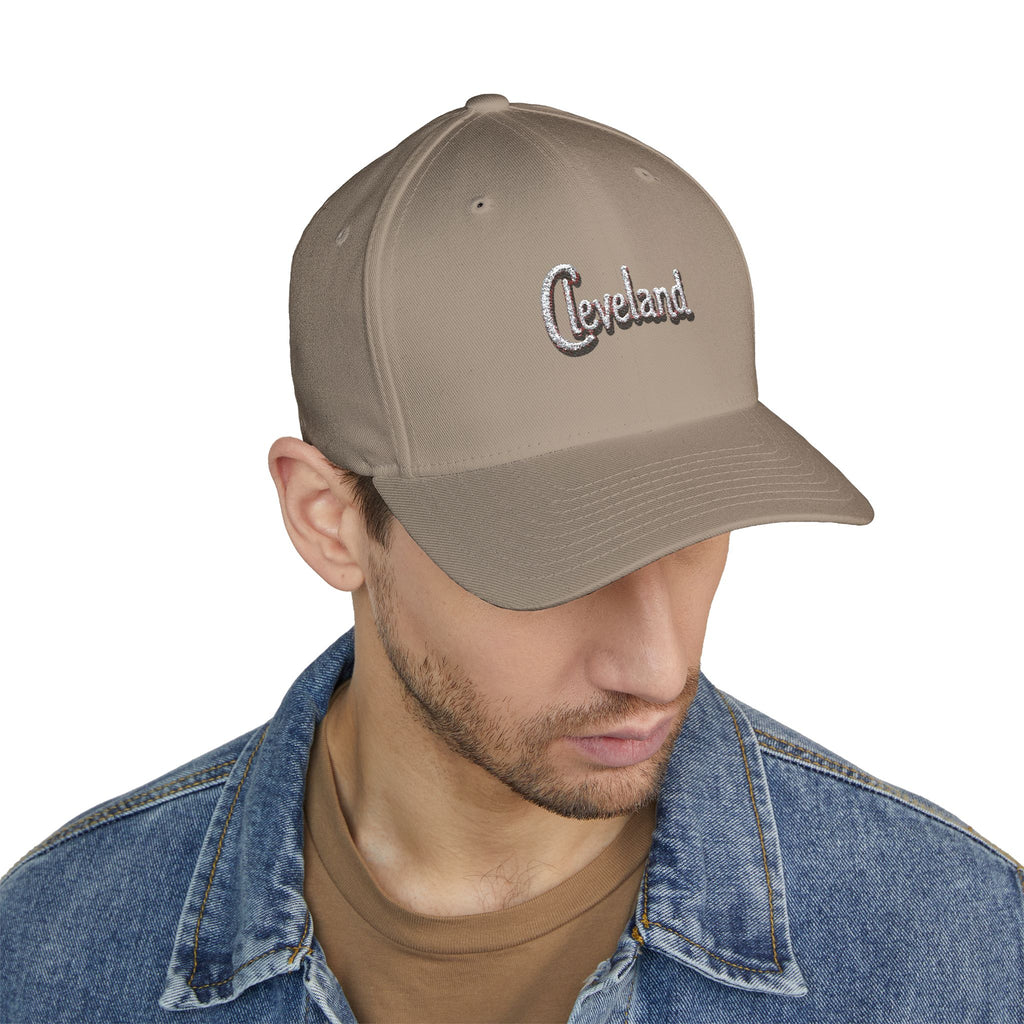 Cleveland Script Embroidered Cap — Classic White Closed-Back Baseball Hat