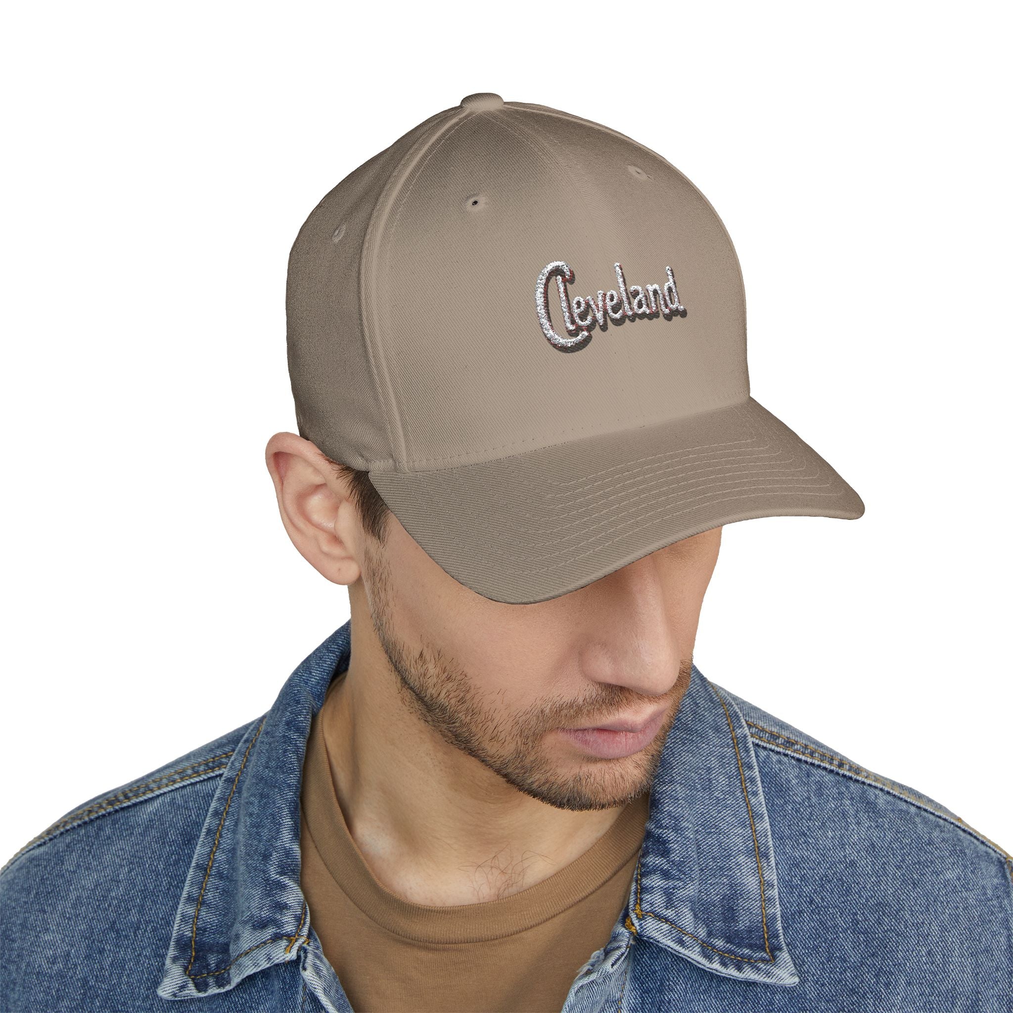 Cleveland Script Embroidered Cap — Classic White Closed-Back Baseball Hat