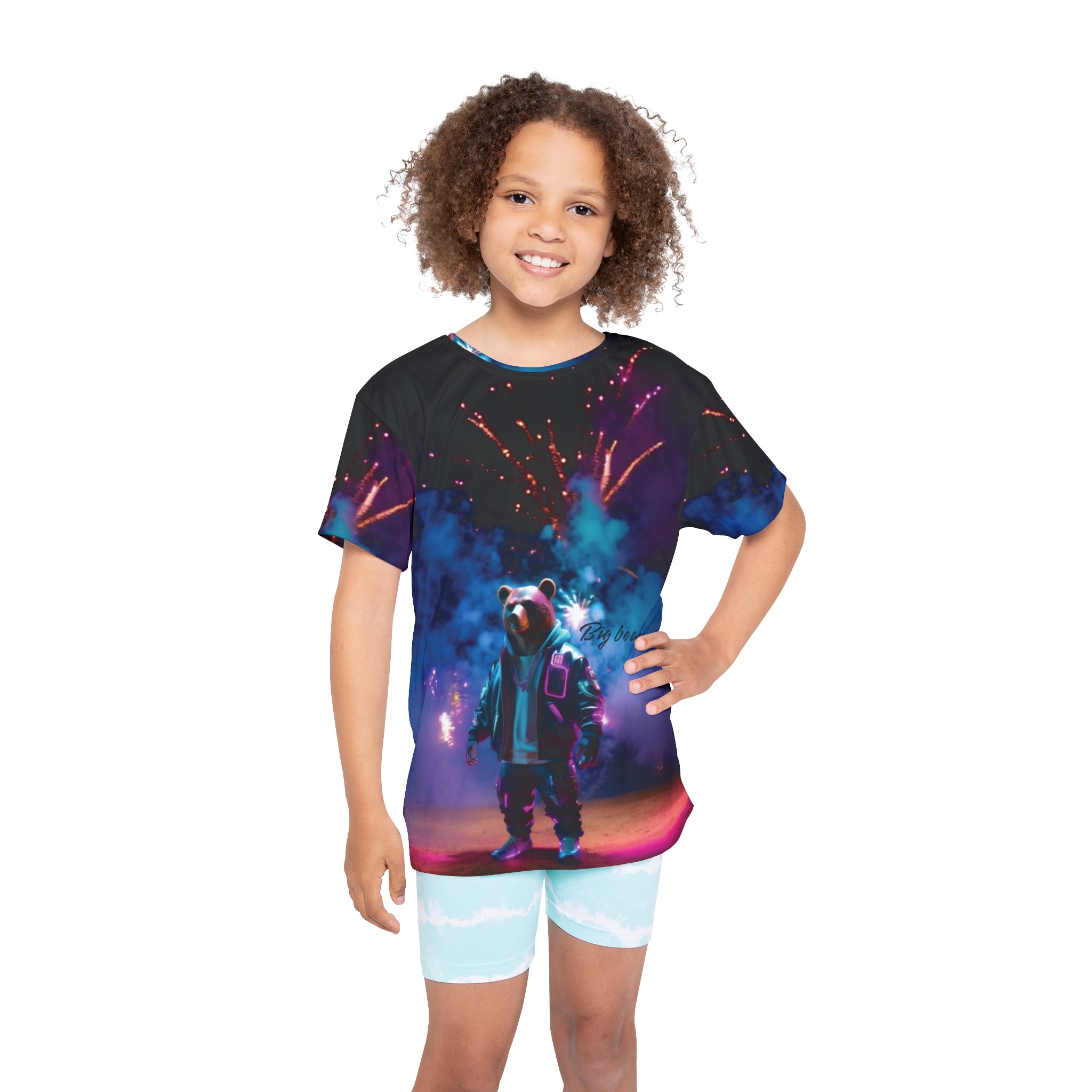 Kids T-Shirt - Cute Bear with Fireworks Background - Gift for Boys and Girls