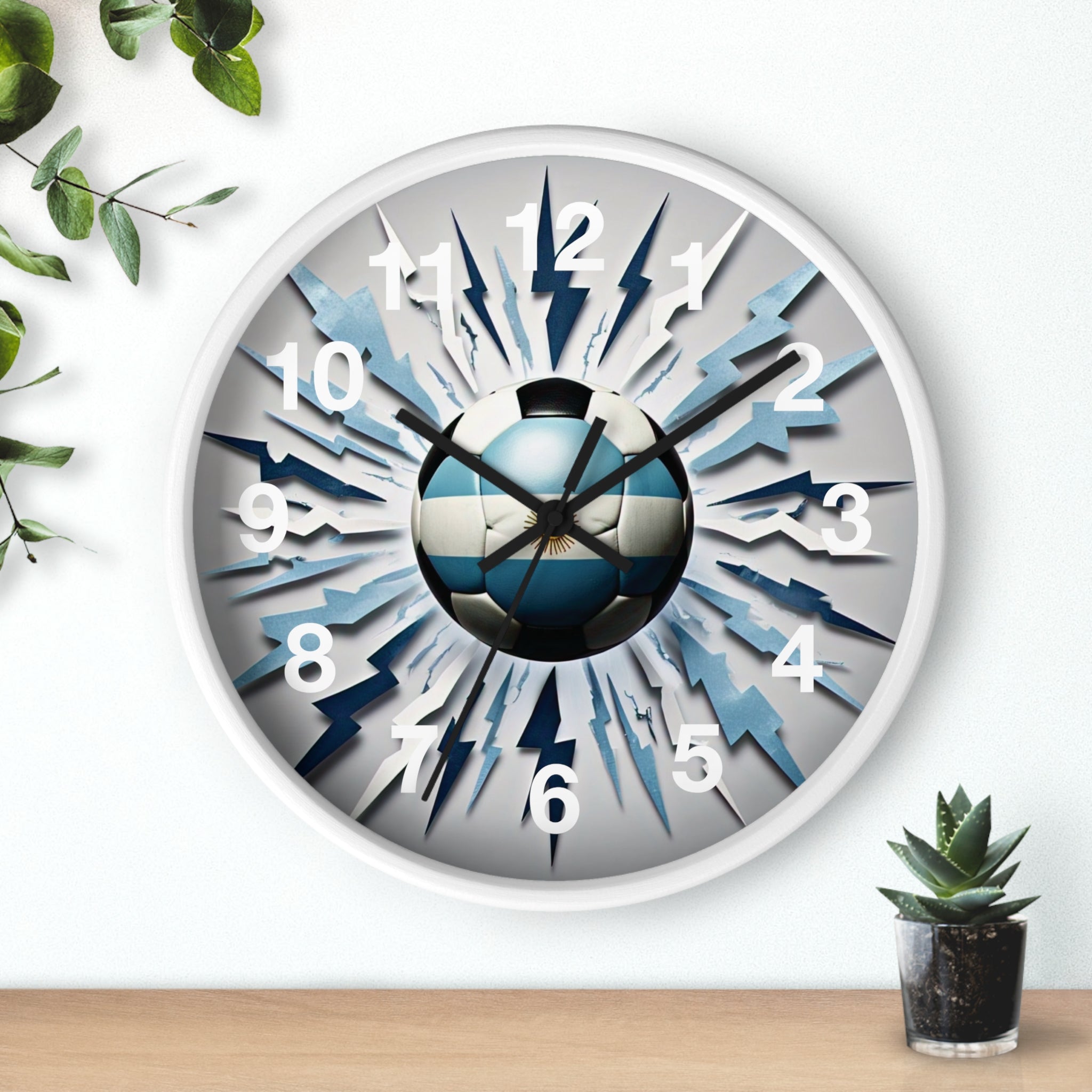 Reloj de pared con balón de fútbol, diseño de bandera argentina para aficionados al deporte, reloj vibrante con temática de fútbol, explosión de fútbol
