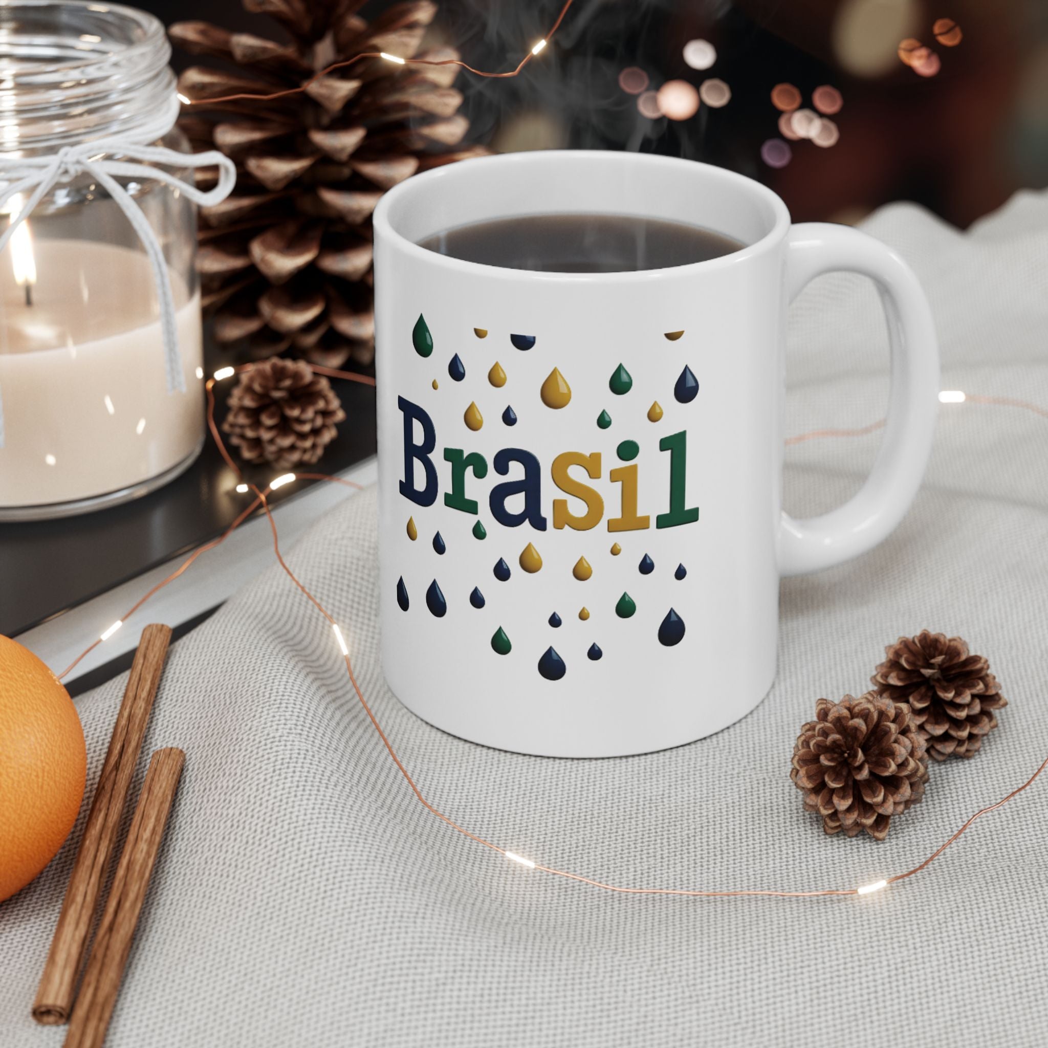 Caneca de cerâmica com gotas de chuva do Brasil - Presente perfeito para amantes de café