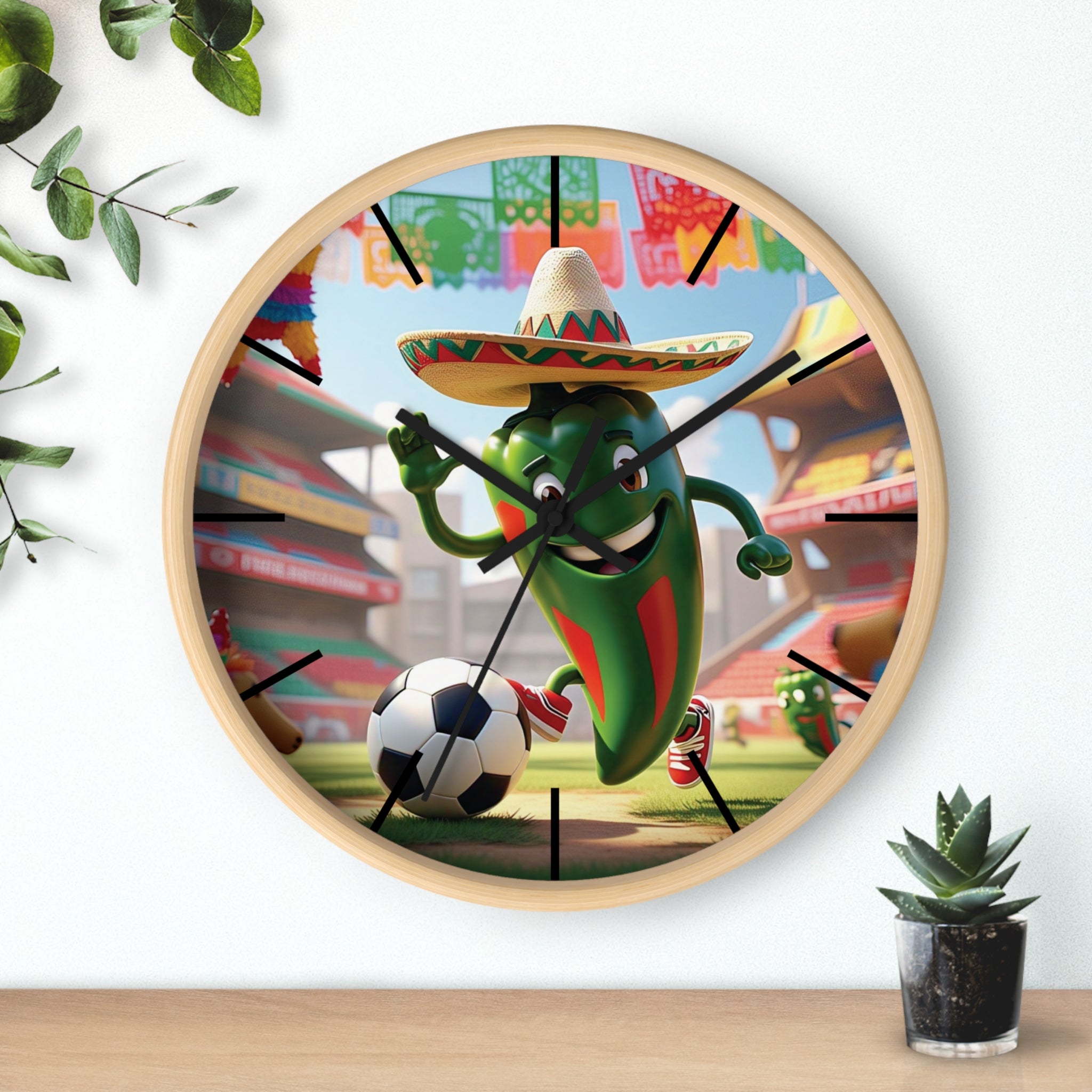 Fun football-themed wall clock with a hot chili character