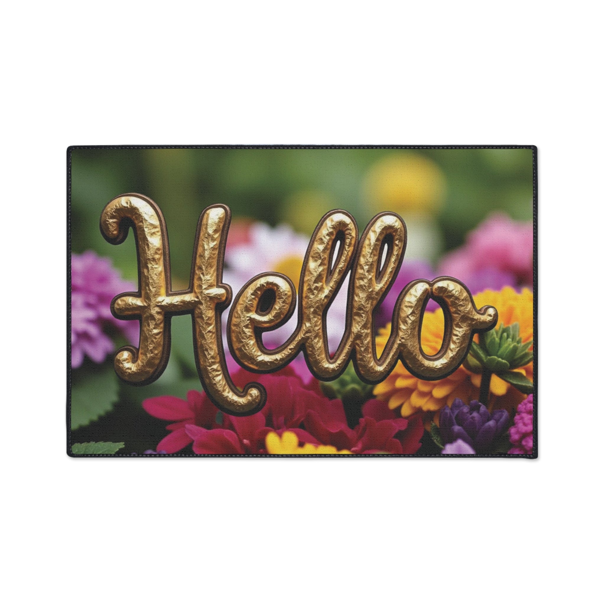 Decorative "Hello" Doormat – Floral with Gold Lettering – Your Perfect Welcome!