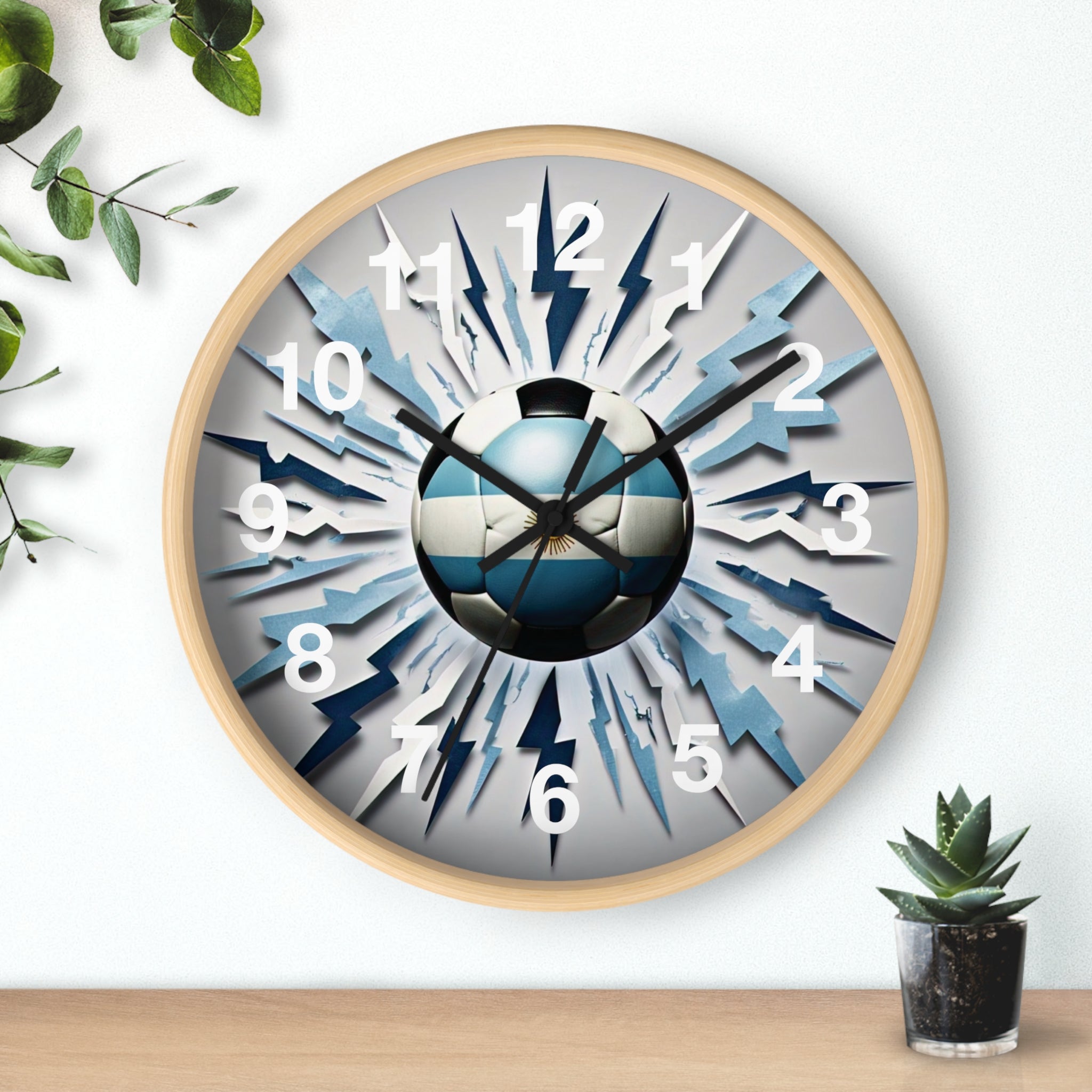 Reloj de pared con balón de fútbol, diseño de bandera argentina para aficionados al deporte, reloj vibrante con temática de fútbol, explosión de fútbol
