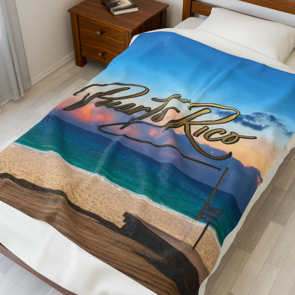 Velveteen Plush Blanket - Puerto Rico Beach Sunset Travel Throw