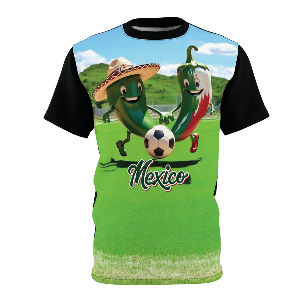 Camiseta unisex de fútbol mexicano divertida con chiles futbolistas