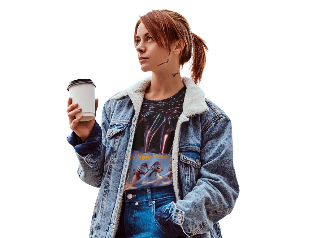 T-Shirt New Year Snowman and Fireworks Celebration Gift