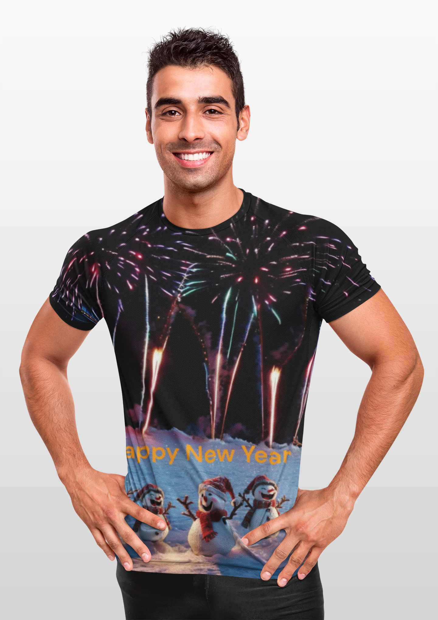 T-Shirt New Year Snowman and Fireworks Celebration Gift