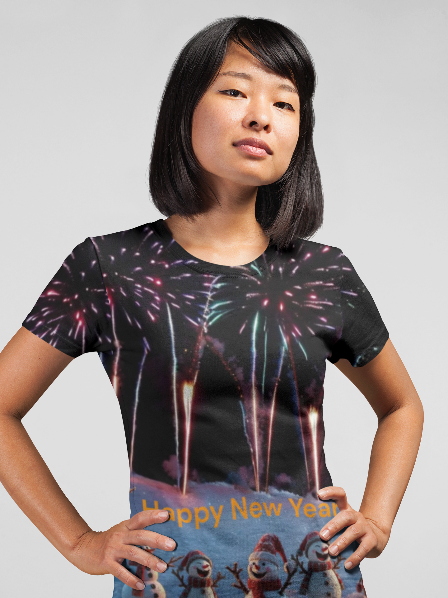 T-Shirt New Year Snowman and Fireworks Celebration Gift