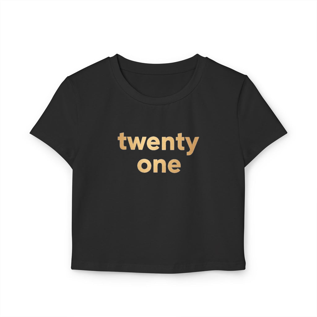 Urban Elegance: Black "Twenty One" Crop Top with Gold Print