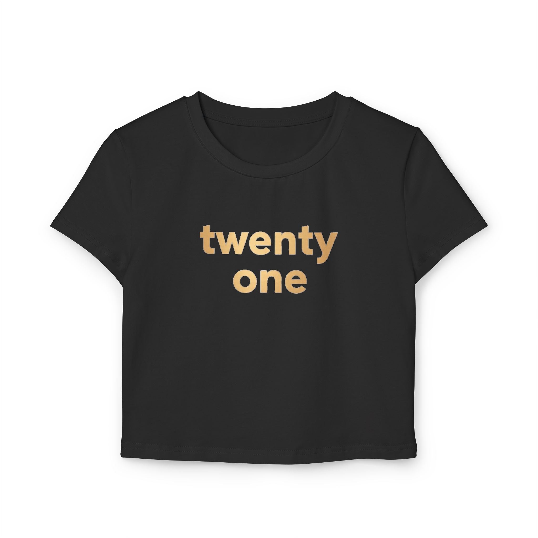 Urban Elegance: Black "Twenty One" Crop Top with Gold Print