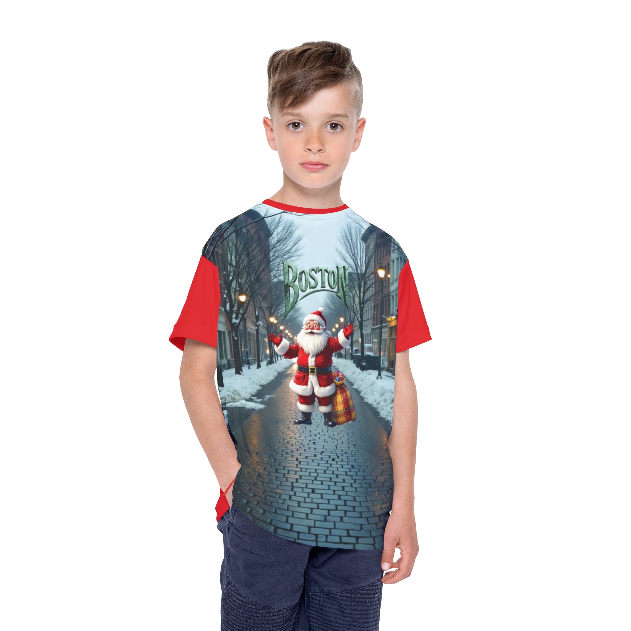 Kids Sports Jersey, Boston Santa Christmas Tee, Youth Holiday Shirt, Festive Apparel,