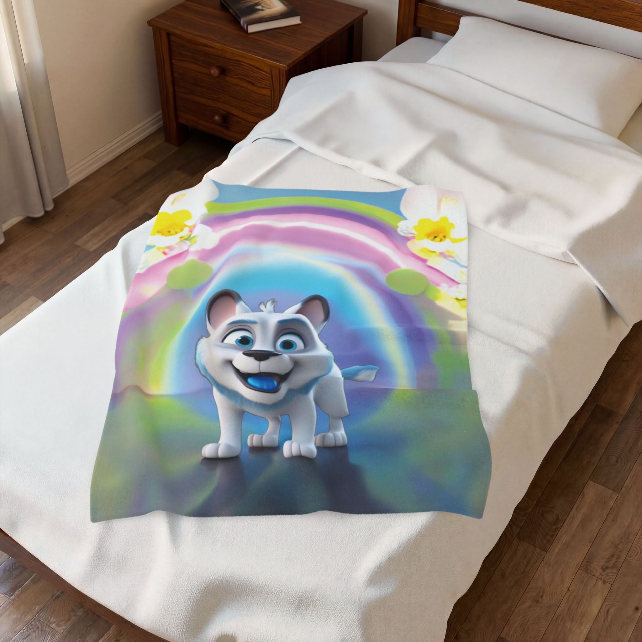 "Playful Puppy and Magic Rainbow" Velvet Plush Blanket – Dreams Filled with Joy! - Happy Dog Children's Throw Blanket
