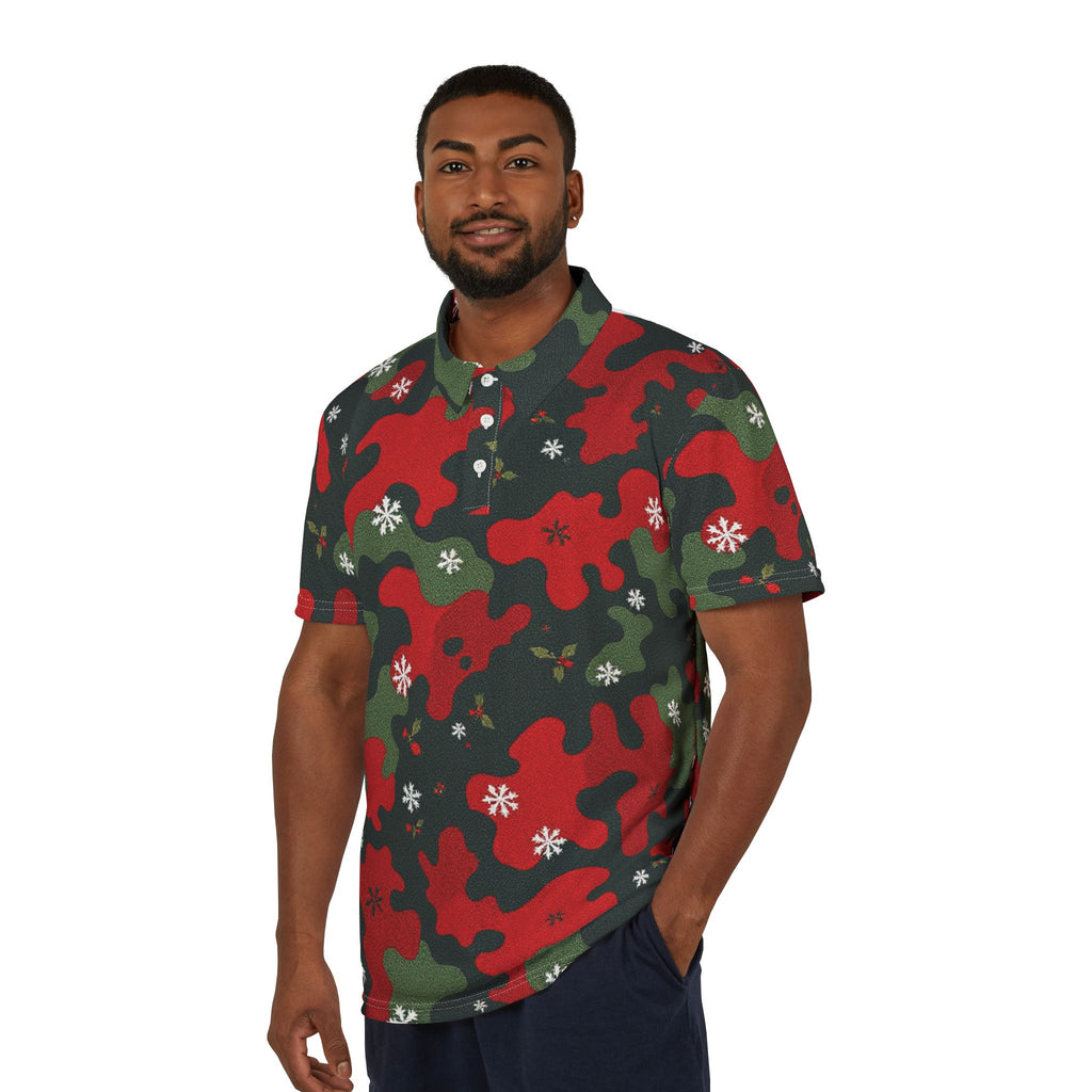 Christmas Camo Polo Shirt — Red & Green Holiday Snowflake Pattern