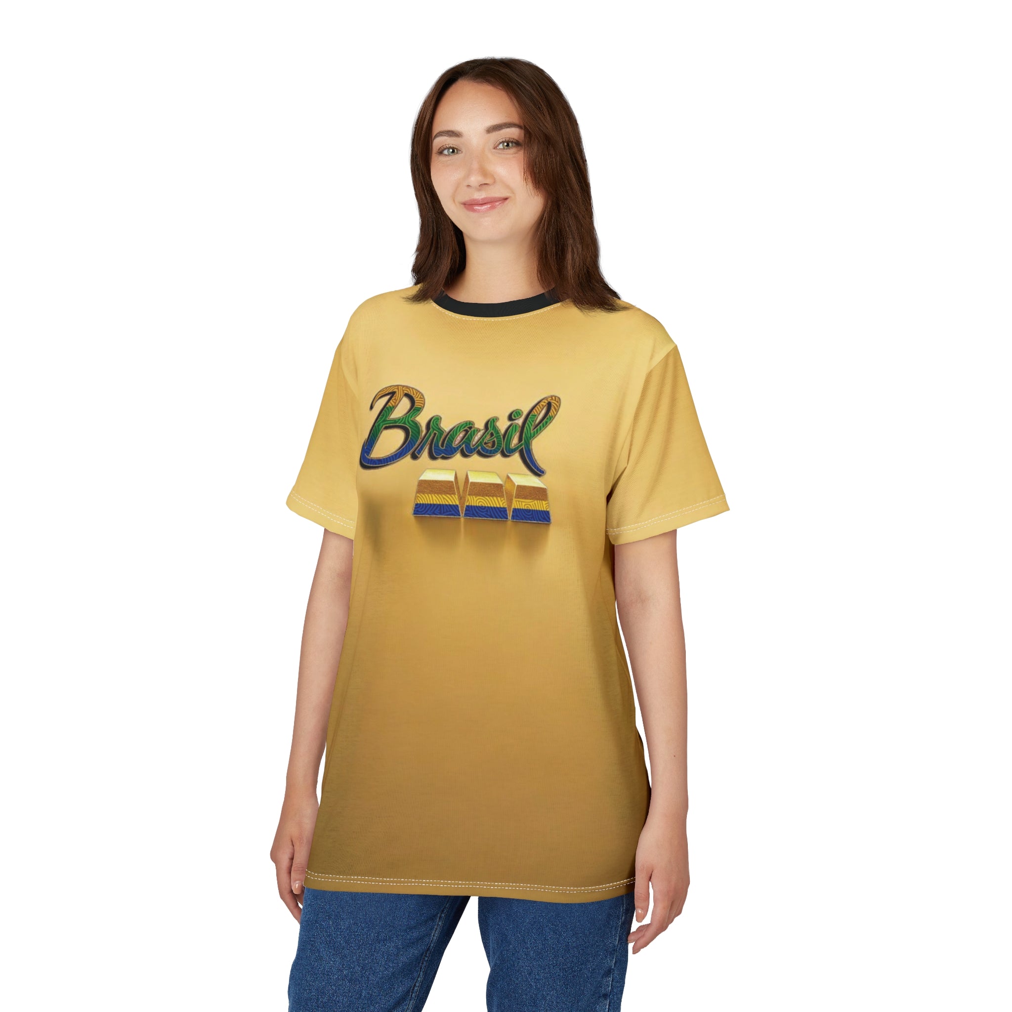 Unisex Brazil Cut &amp; Sew T-shirt - Bright yellow graphic shirt for summer celebrations