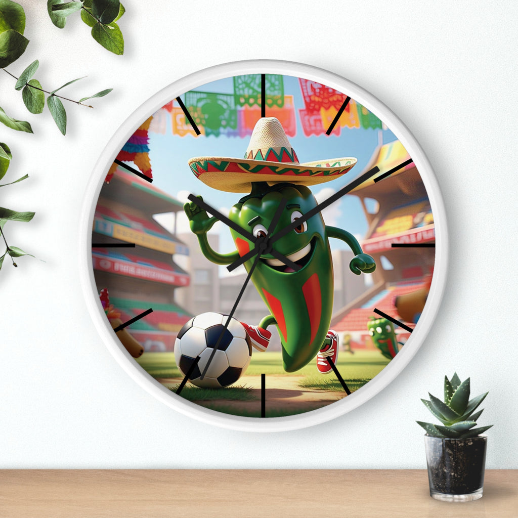 Fun football-themed wall clock with a hot chili character