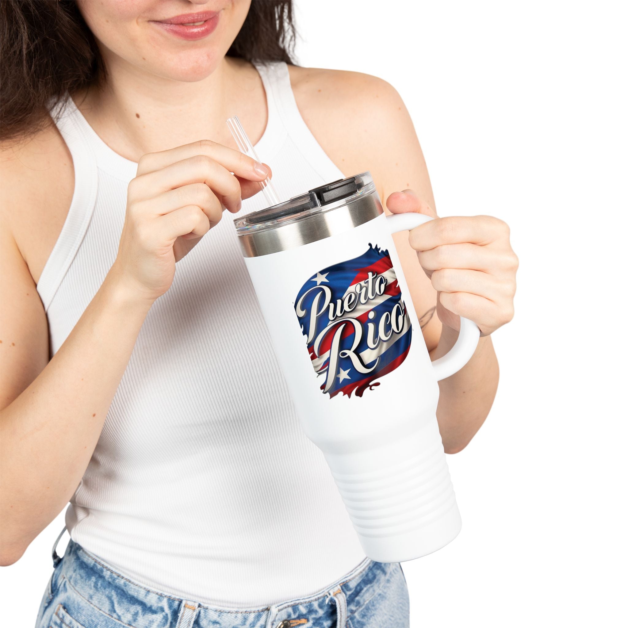 Taza de viaje con aislamiento patriótico de 40 oz, perfecta para aventuras al aire libre o para regalar.