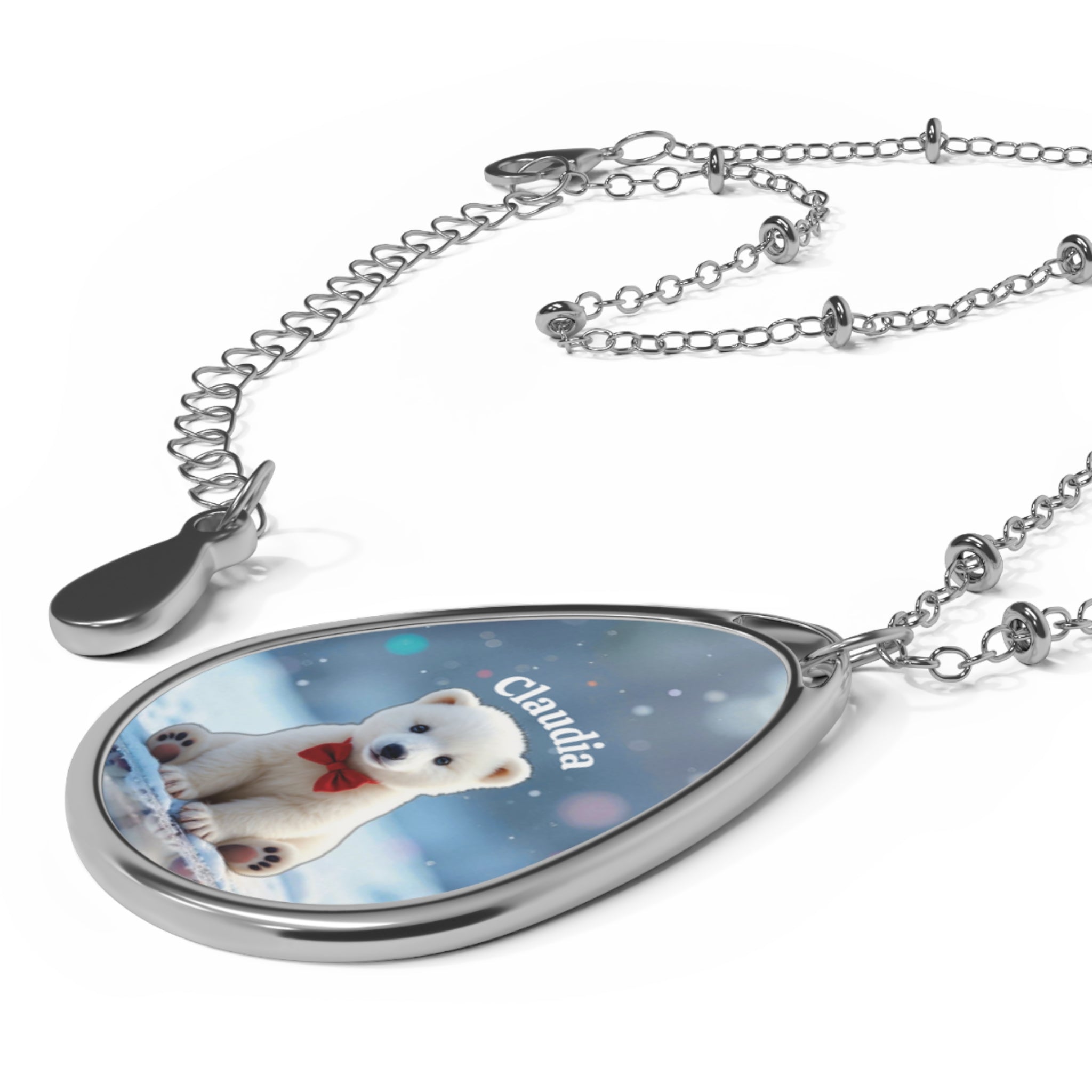 Personalized Oval Polar Bear Necklace — Snowy Name Pendant