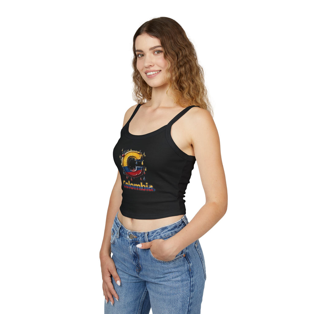 Camiseta sin mangas para mujer de inspiración colombiana: tirantes finos y diseño colorido