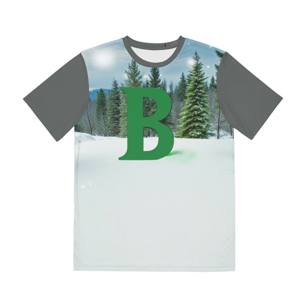 Men's All-Over Print Tee — Forest Winter Scene with Green Letter B