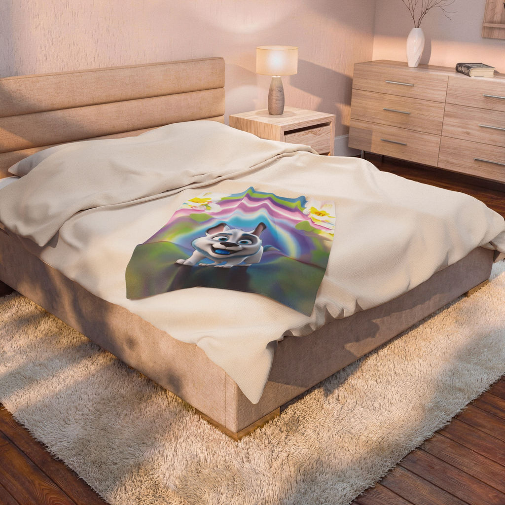 "Playful Puppy and Magic Rainbow" Velvet Plush Blanket – Dreams Filled with Joy! - Happy Dog Children's Throw Blanket