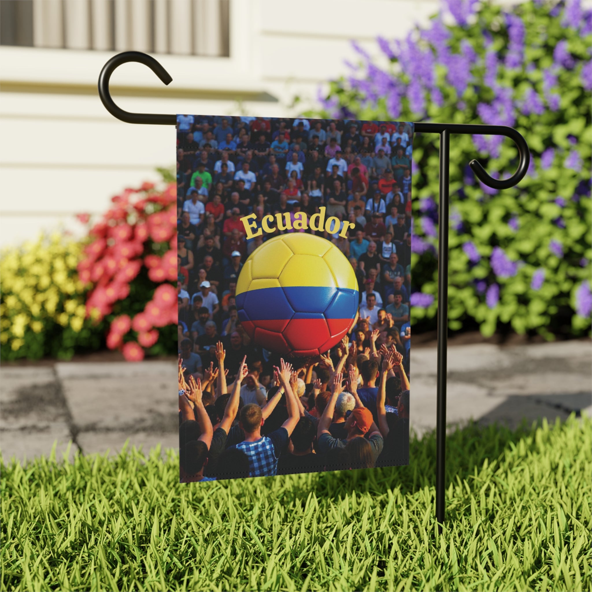Ecuador Soccer Garden Flag — Crowd & Tricolor Ball Outdoor Banner