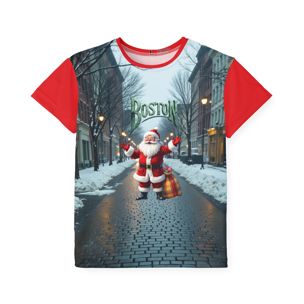 Kids Sports Jersey, Boston Santa Christmas Tee, Youth Holiday Shirt, Festive Apparel,