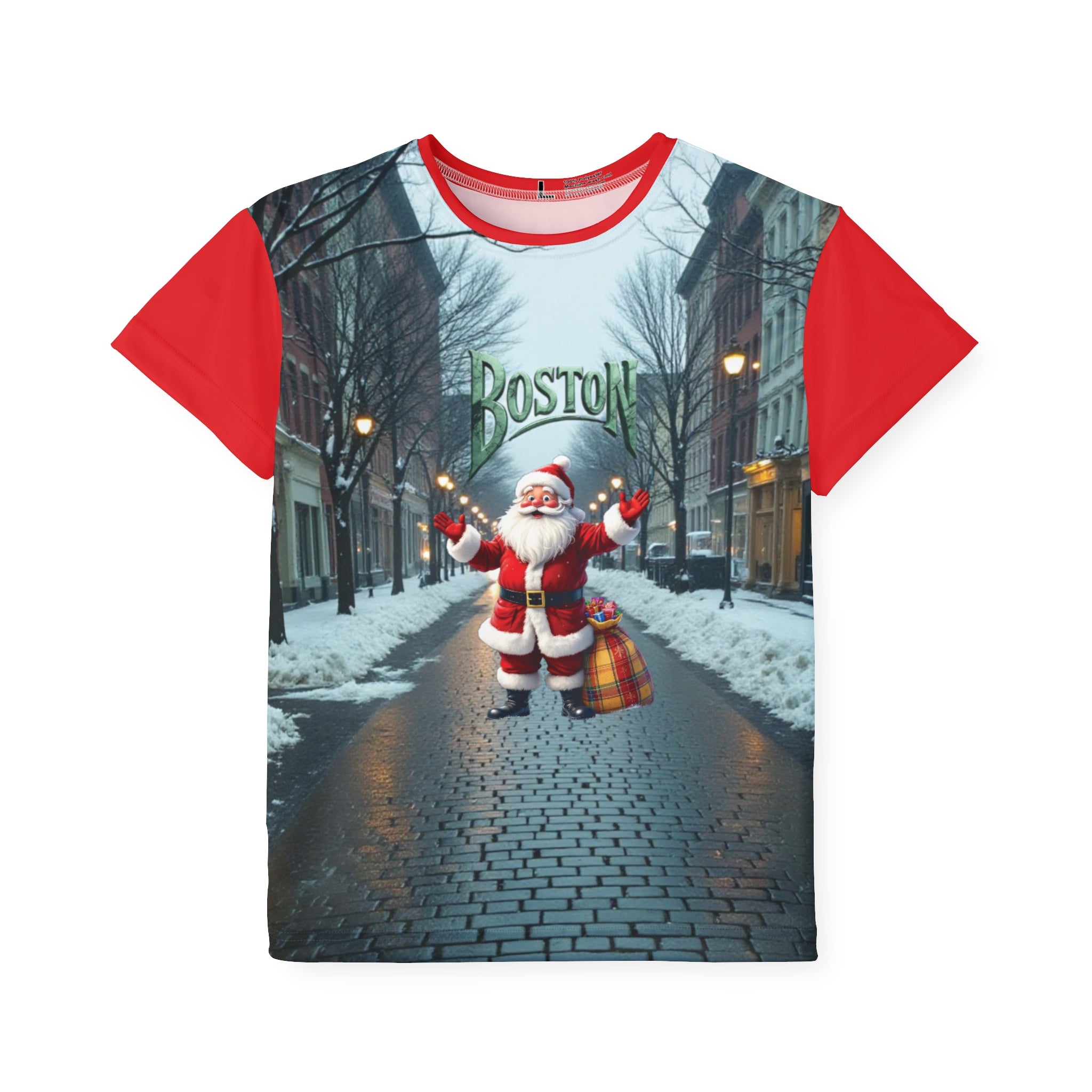 Kids Sports Jersey, Boston Santa Christmas Tee, Youth Holiday Shirt, Festive Apparel,