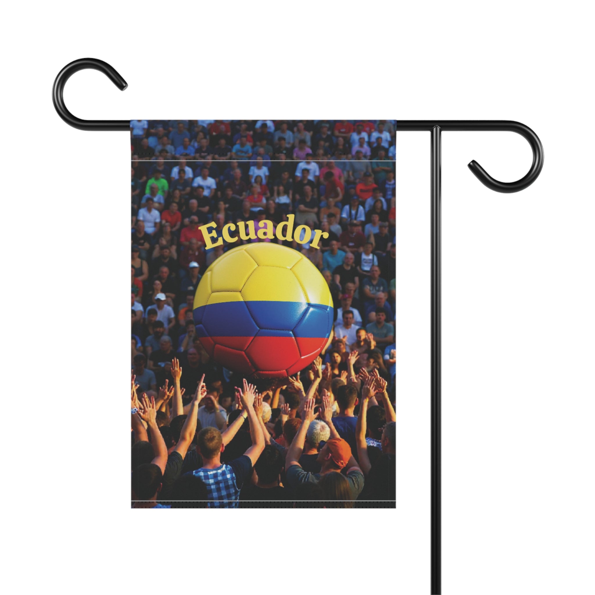 Ecuador Soccer Garden Flag — Crowd & Tricolor Ball Outdoor Banner