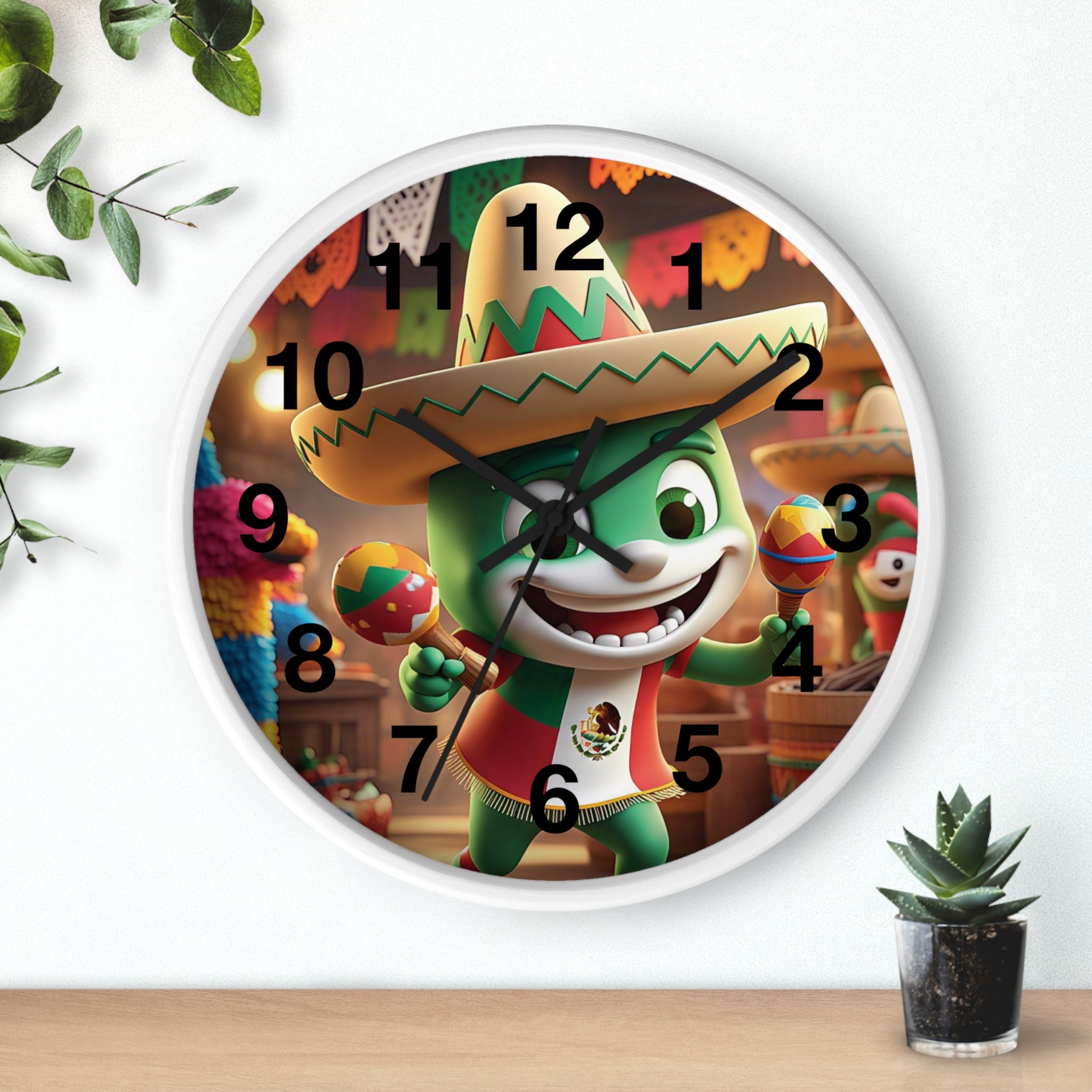 Reloj de pared festivo de temática mexicana con diseño de personajes coloridos