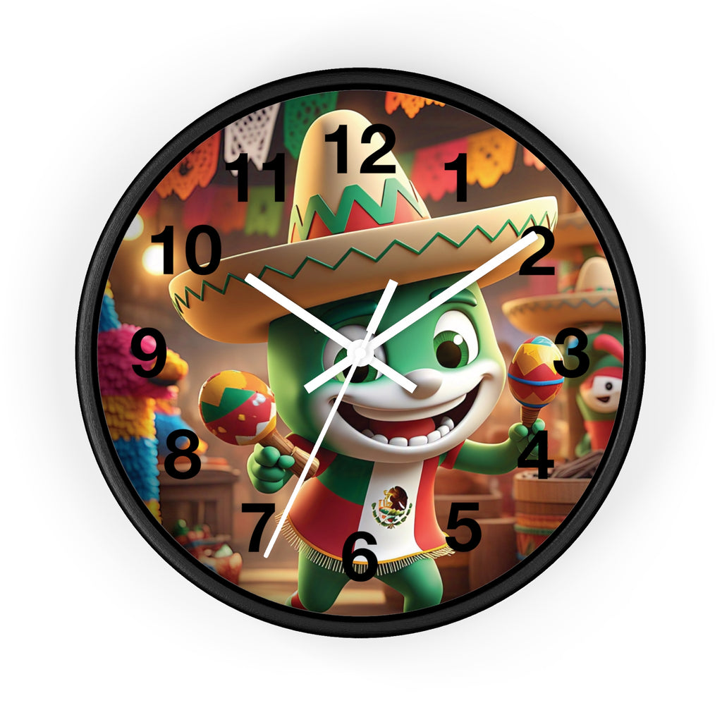 Reloj de pared festivo de temática mexicana con diseño de personajes coloridos