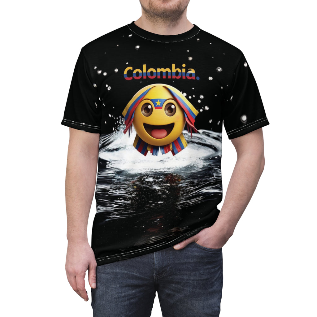 Camiseta unisex con emoji de Colombia y salpicaduras de agua: diseño divertido y vibrante para celebrar.