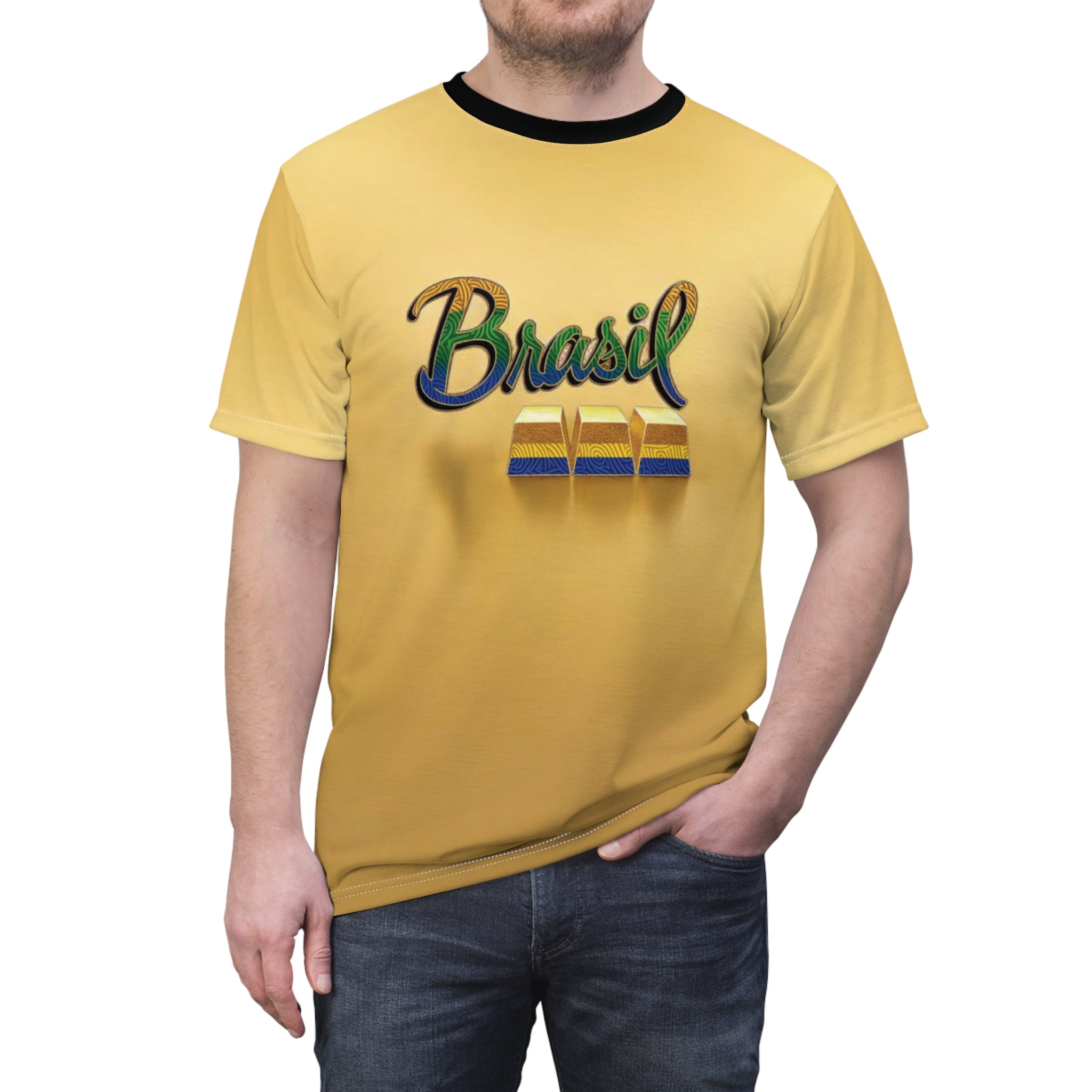 Camiseta unissex Brasil Cut & Sew - Camisa gráfica amarela brilhante para celebrações de verão